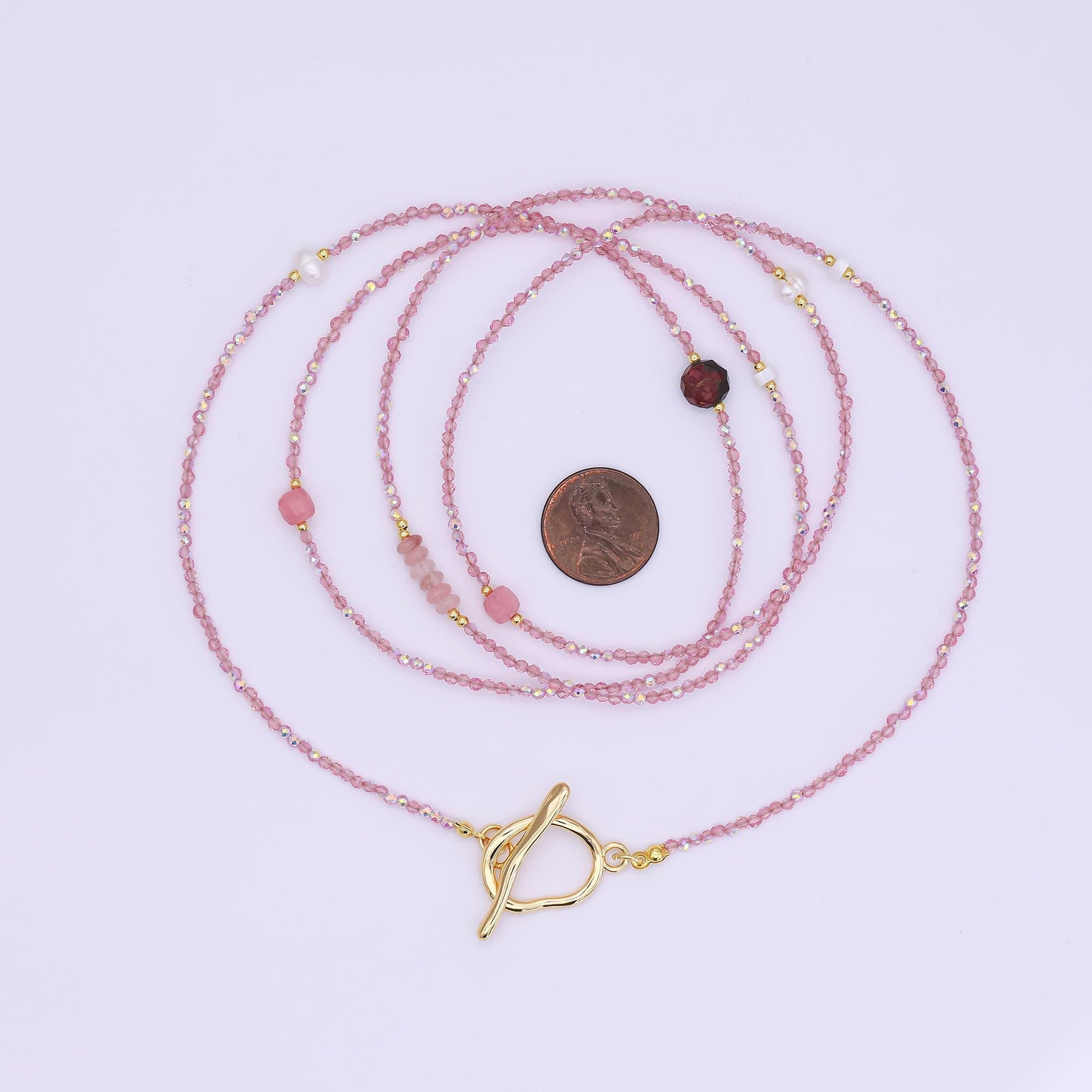 24K Gold Filled 3mm Shell Pearl Rose Pink Crystal Gemstone 40 Inches Necklace | WA-3079