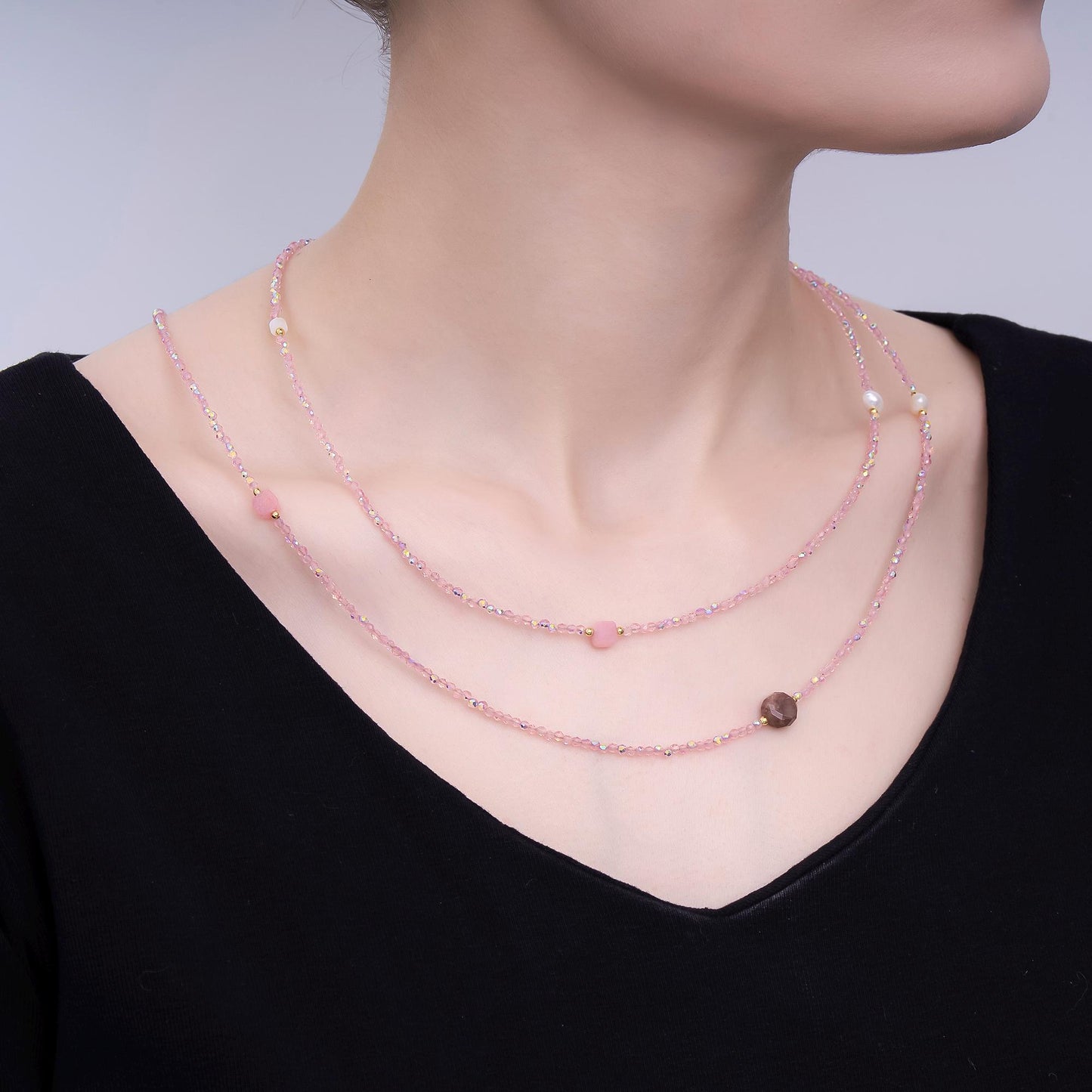 24K Gold Filled 3mm Shell Pearl Rose Pink Crystal Gemstone 40 Inches Necklace | WA-3079