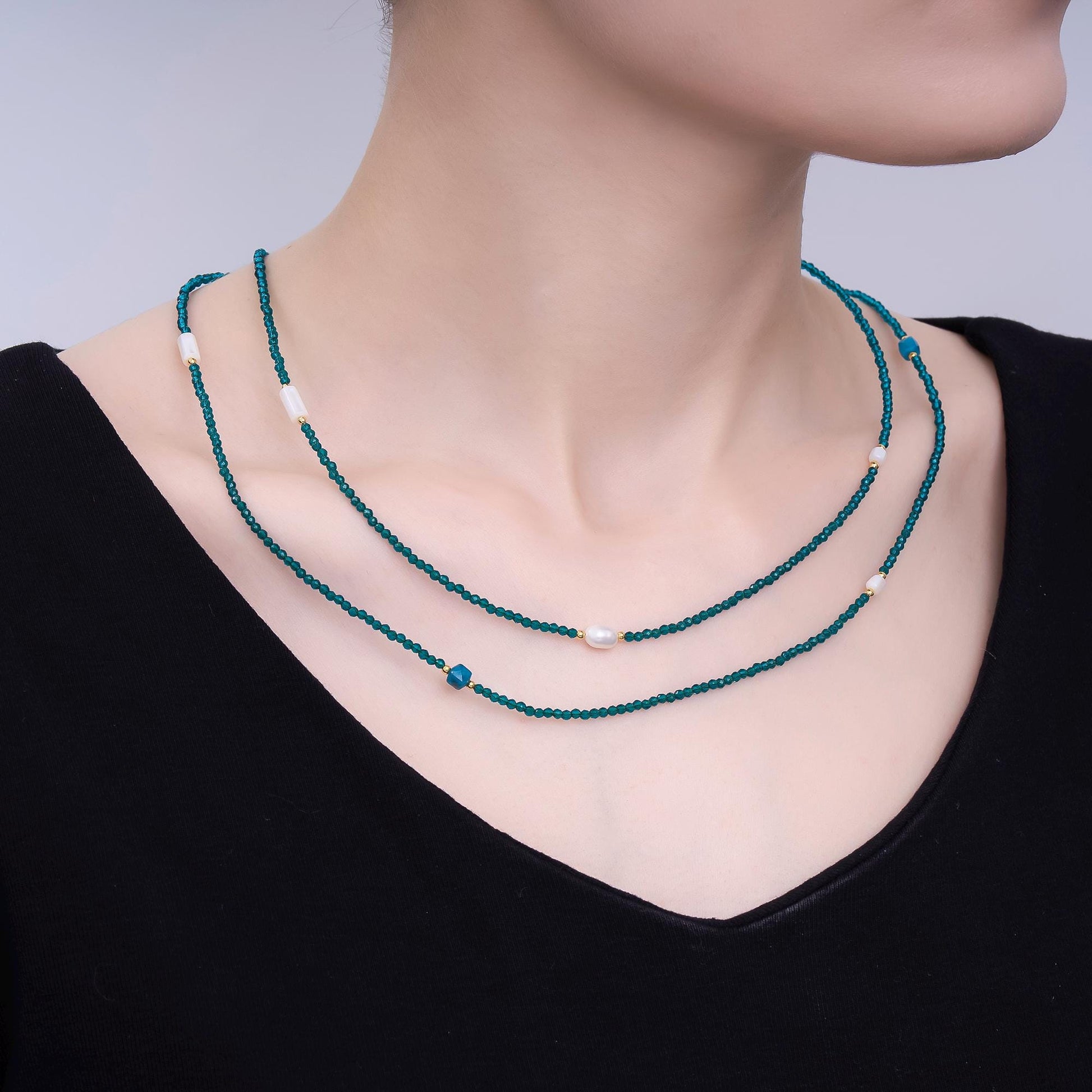 24K Gold Filled 3mm Shell Pearl Blue Crystal Gemstone 40 Inches Necklace | WA-3082