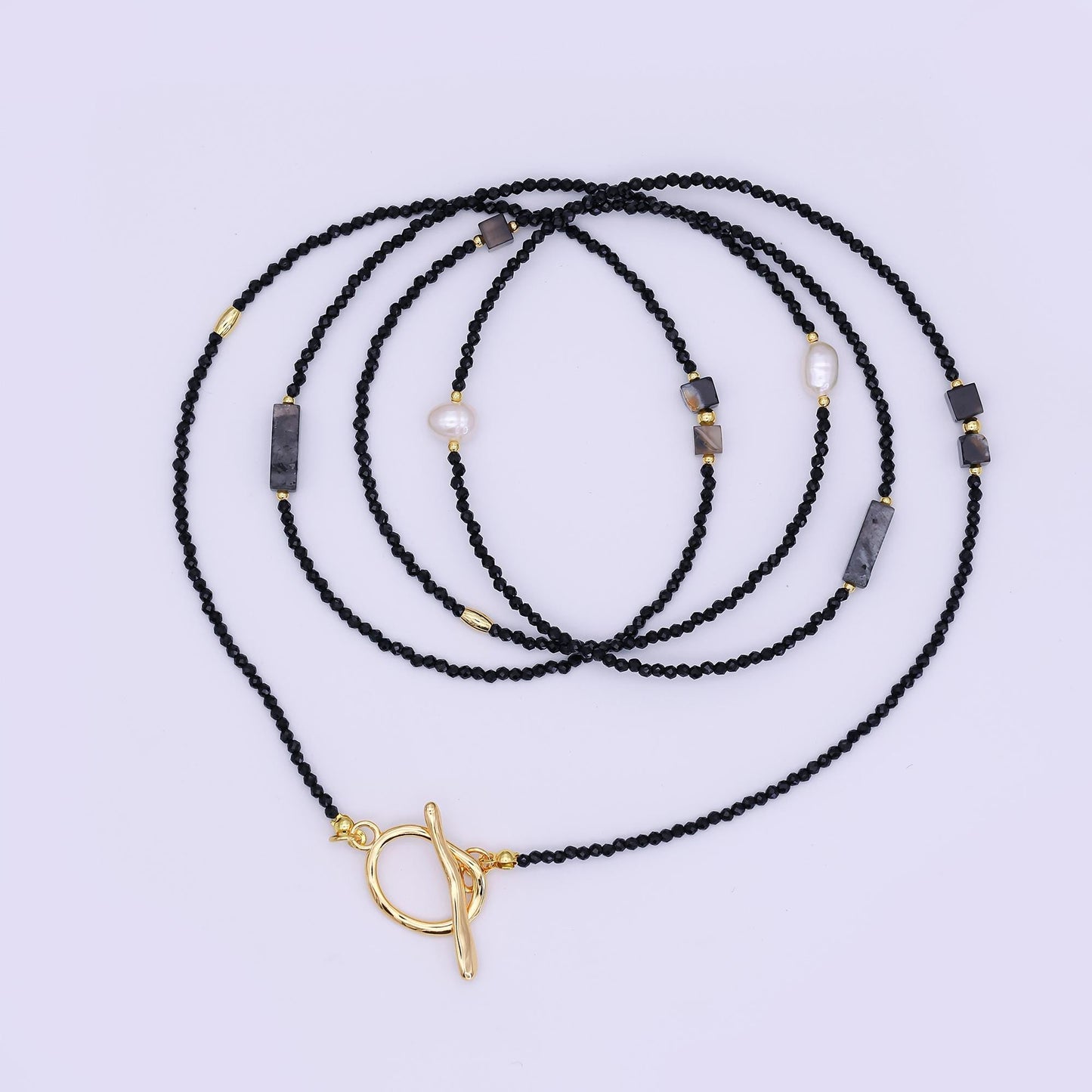 24K Gold Filled 3mm Grey Agate Onyx Shell Pearl Gemstone 40 Inches Beaded Necklace | WA-3085