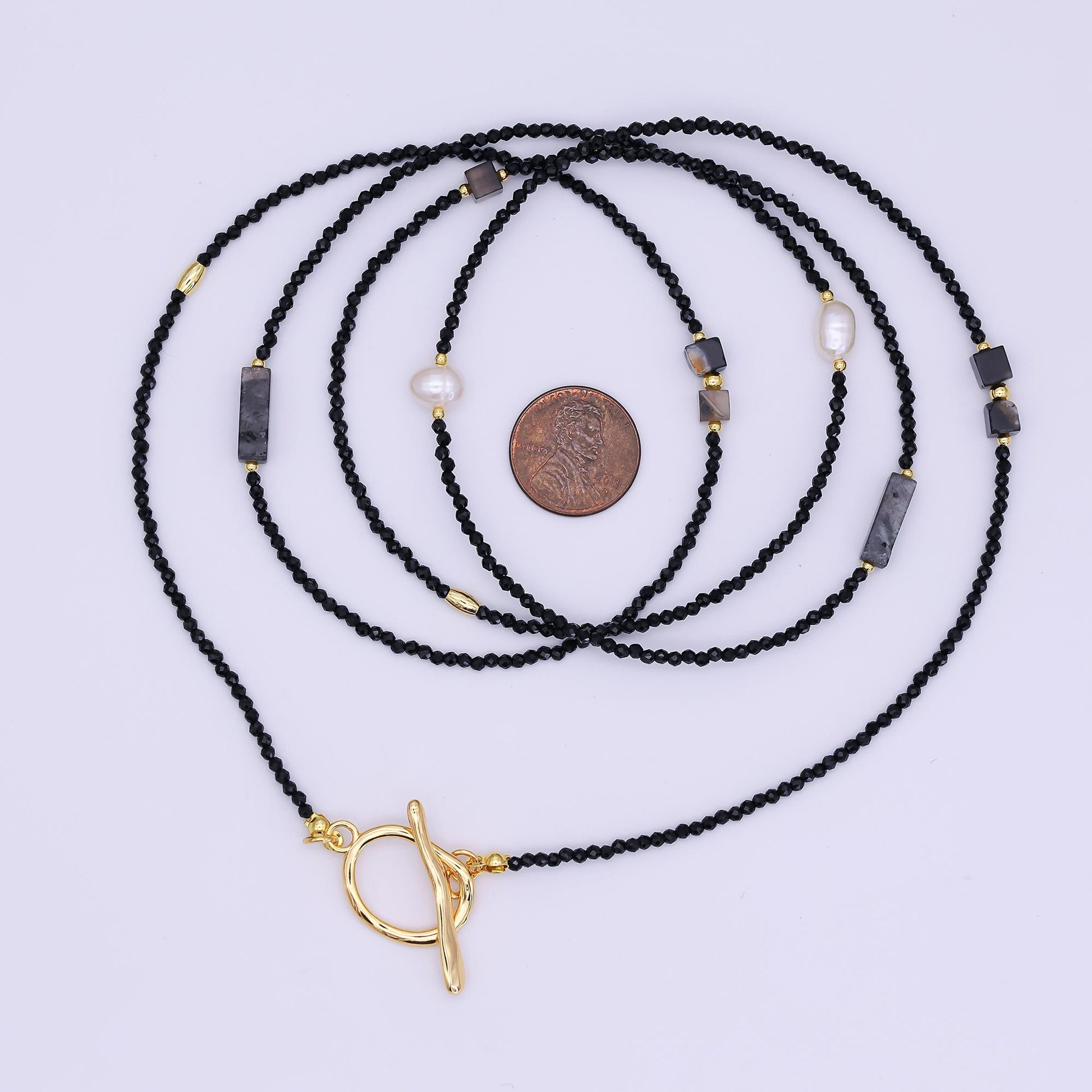 24K Gold Filled 3mm Grey Agate Onyx Shell Pearl Gemstone 40 Inches Beaded Necklace | WA-3085