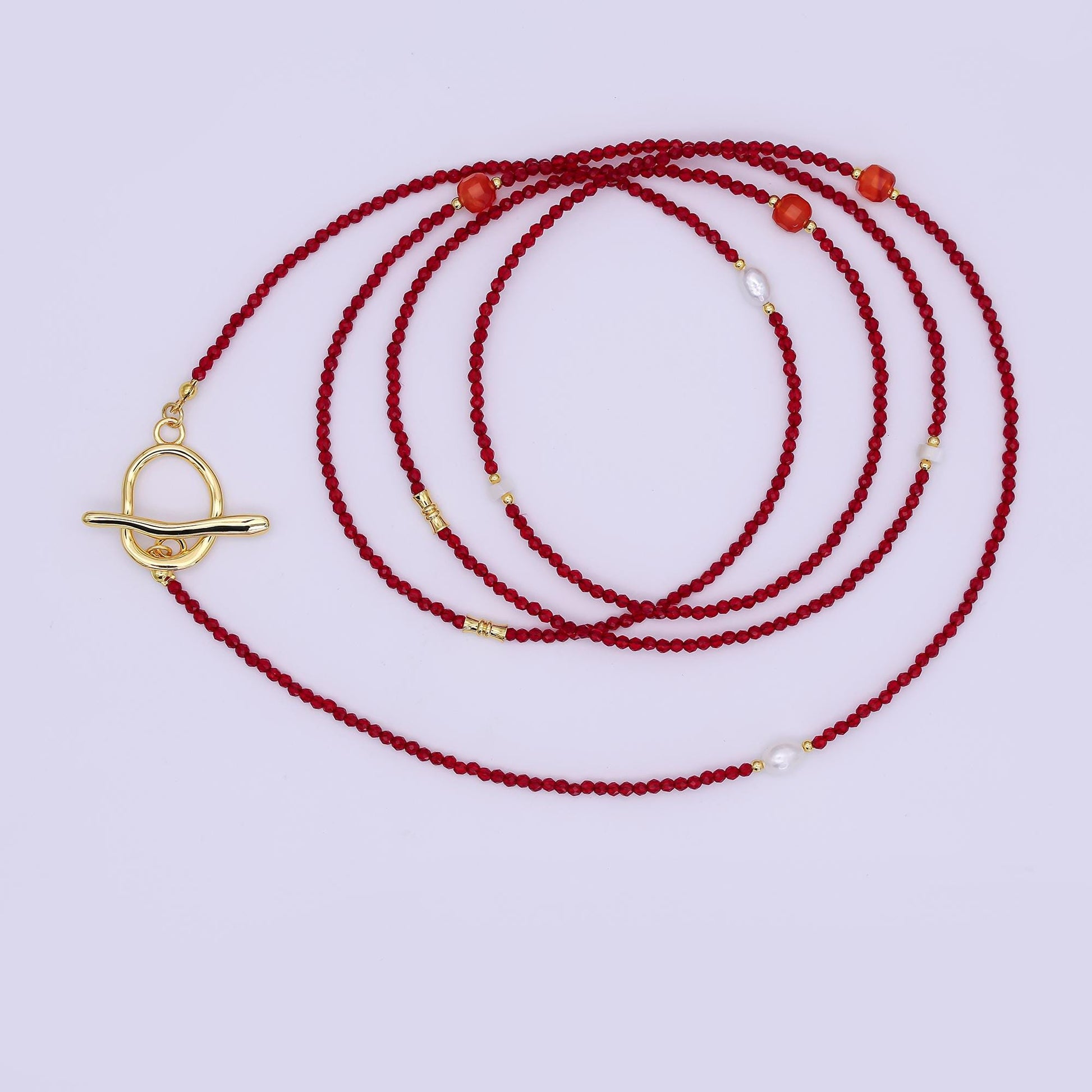 24K Gold Filled 3mm Red Carnelian Shell Pearl Gemstone 40 Inches Necklace | WA-3077