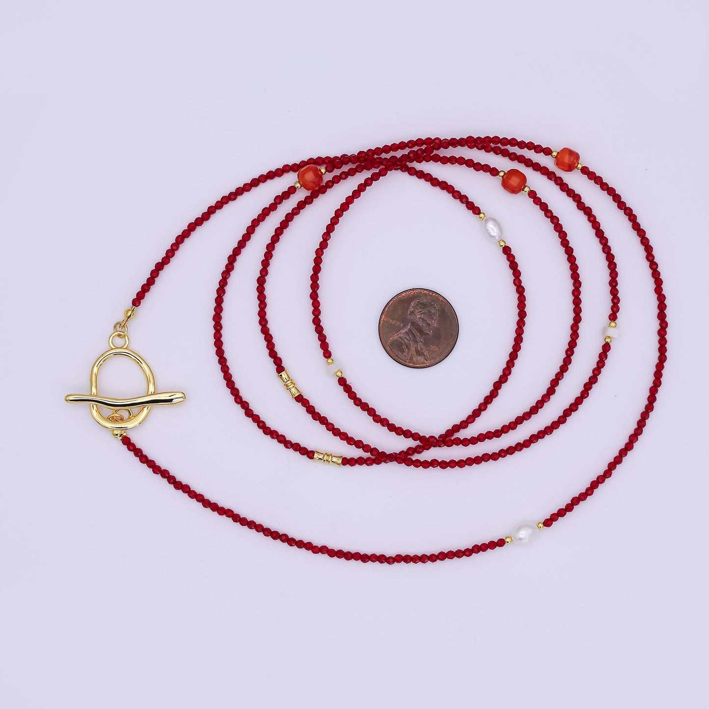 24K Gold Filled 3mm Red Carnelian Shell Pearl Gemstone 40 Inches Necklace | WA-3077