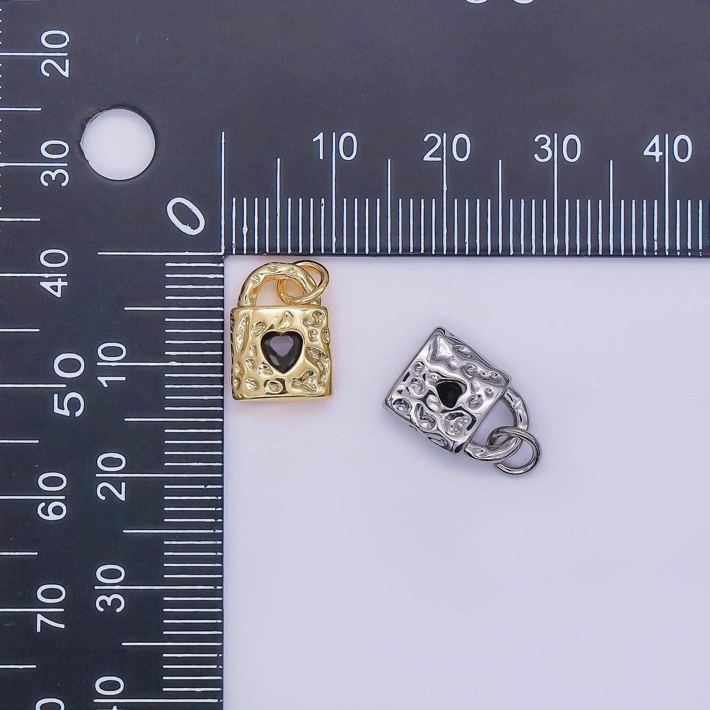 24K Gold Filled Black Heart Molten Hammered Padlock Charm in Gold & Silver | M031