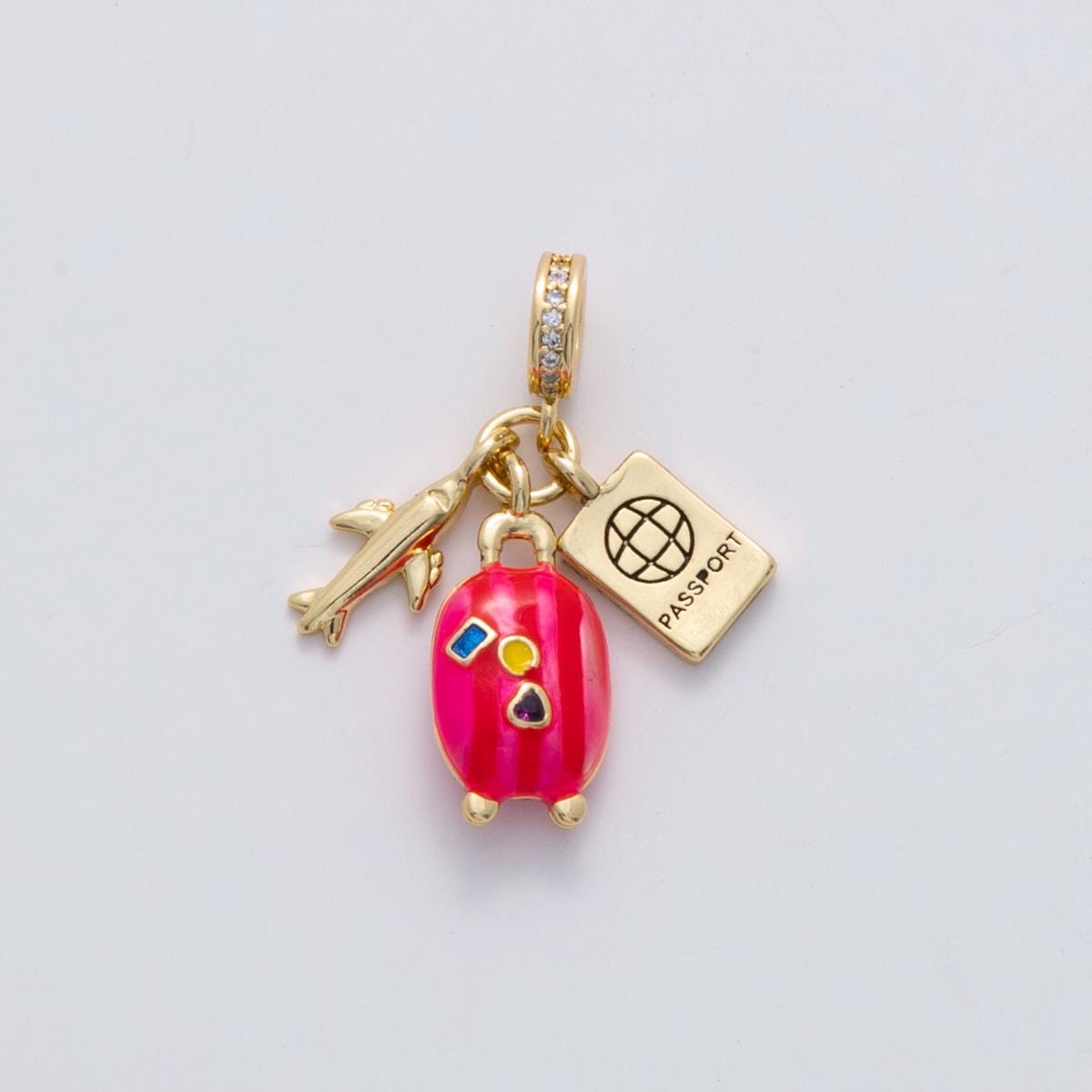 24k gold filled travel theme plane Plane Passport Enamel suitcase rondelle bail drop pendant | C-113