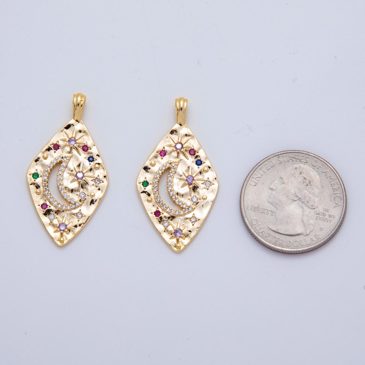 18K Gold Filled 36mm Rhombus Celestial Crescent Moon Star Textured Diamond Charm | AH-784