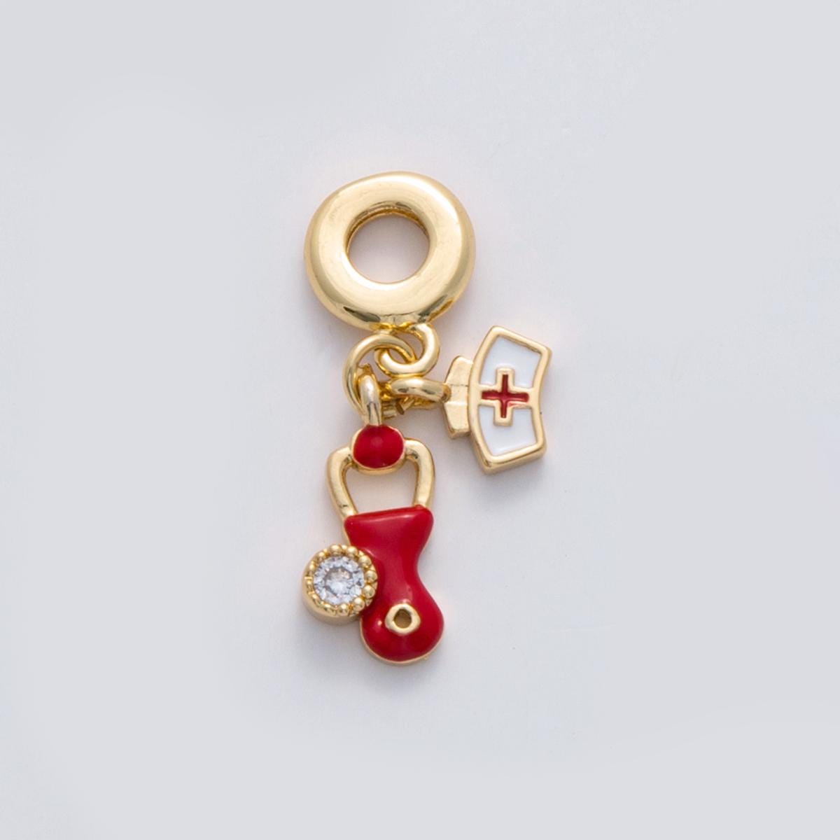 24 gold filled nurse theme charm nurse hat, stethoscope charm First Responder rondelle bail drop pendant | C-272
