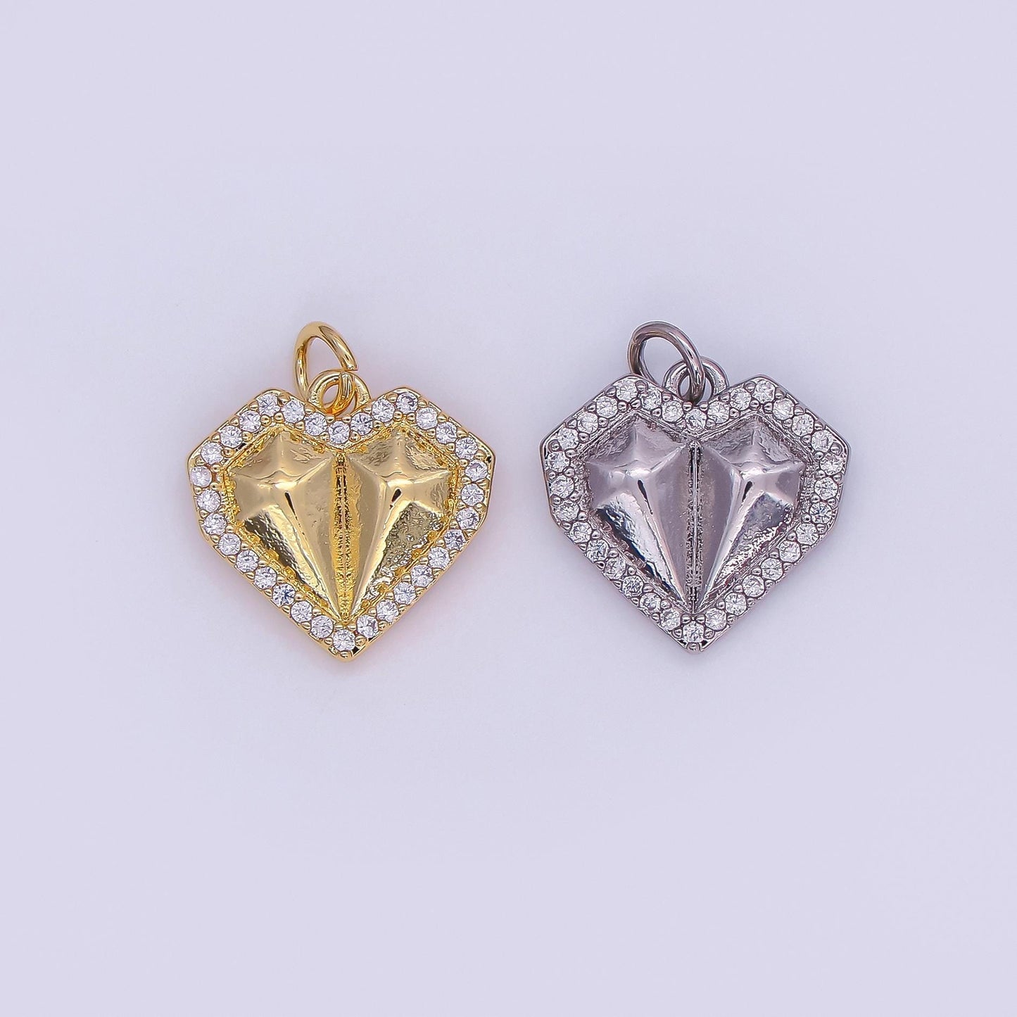 24K Gold Filled Geometric Edged Heart Micro Paved CZ Charm in Gold & Silver | N097