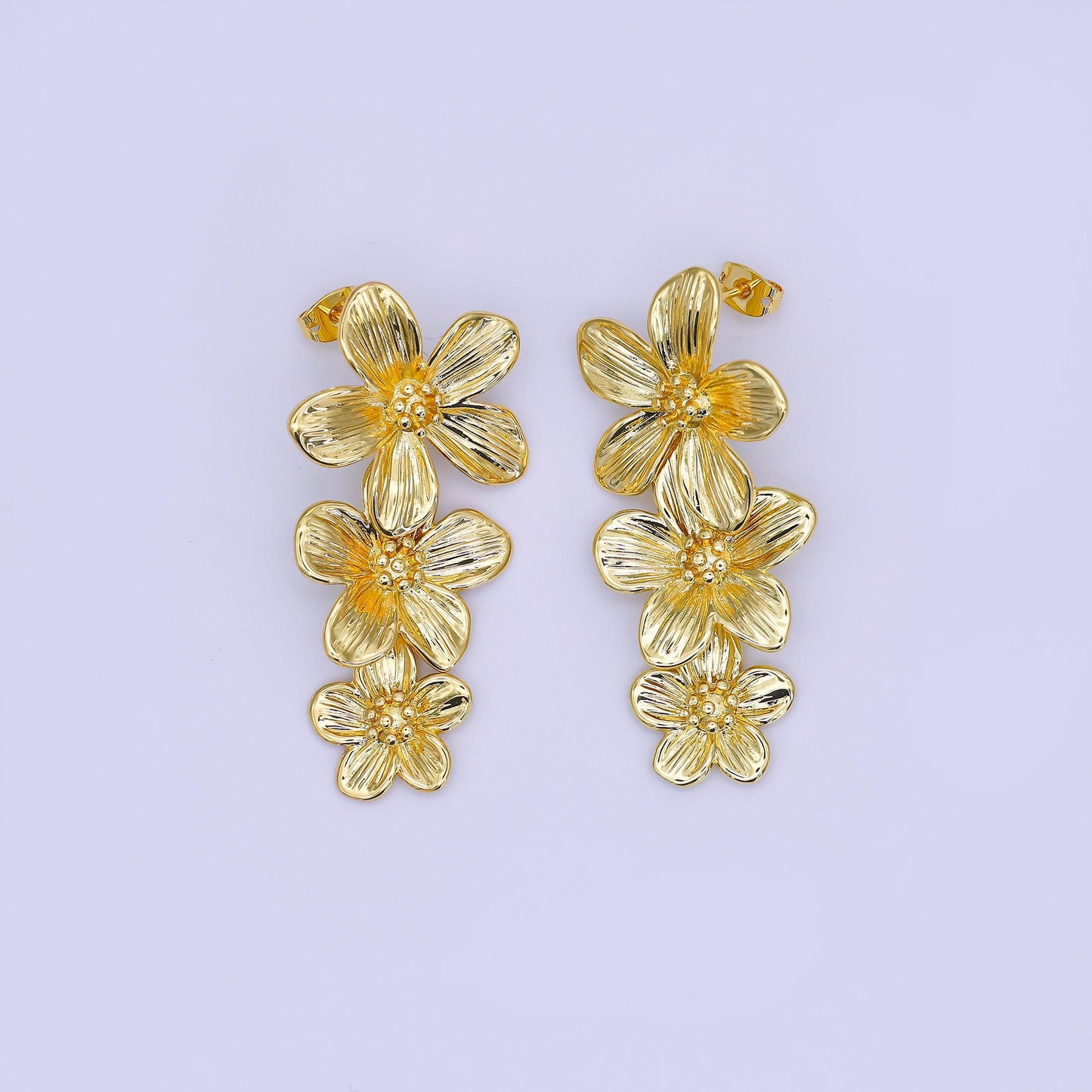 24K Gold Filled Triple Lined Flower Drop Stud Earrings in Gold & Silver | AE368 T175