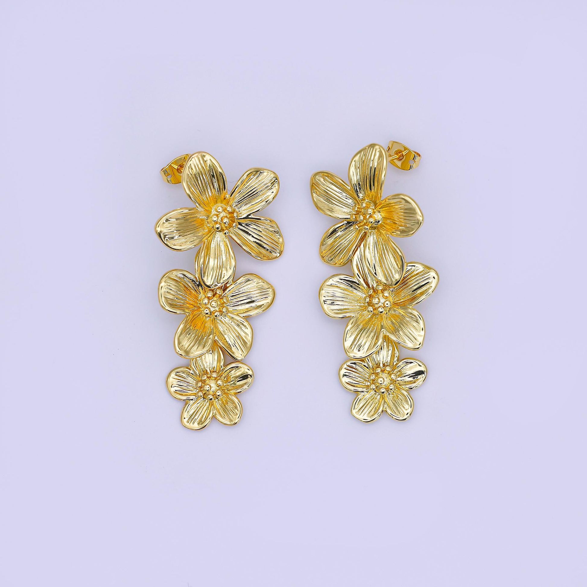 24K Gold Filled Triple Lined Flower Drop Stud Earrings in Gold & Silver | AE368 T175