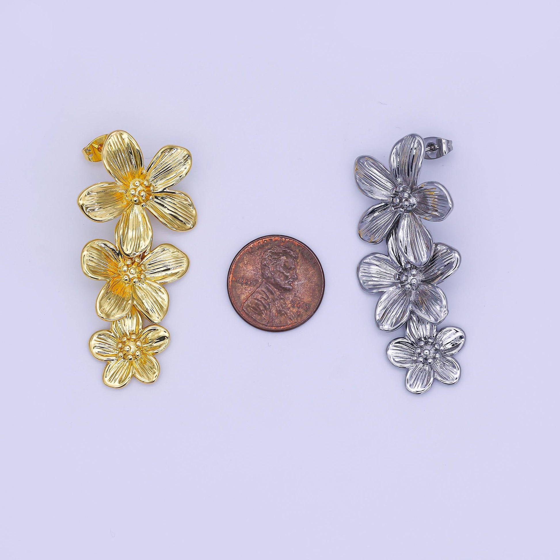 24K Gold Filled Triple Lined Flower Drop Stud Earrings in Gold & Silver | AE368 T175