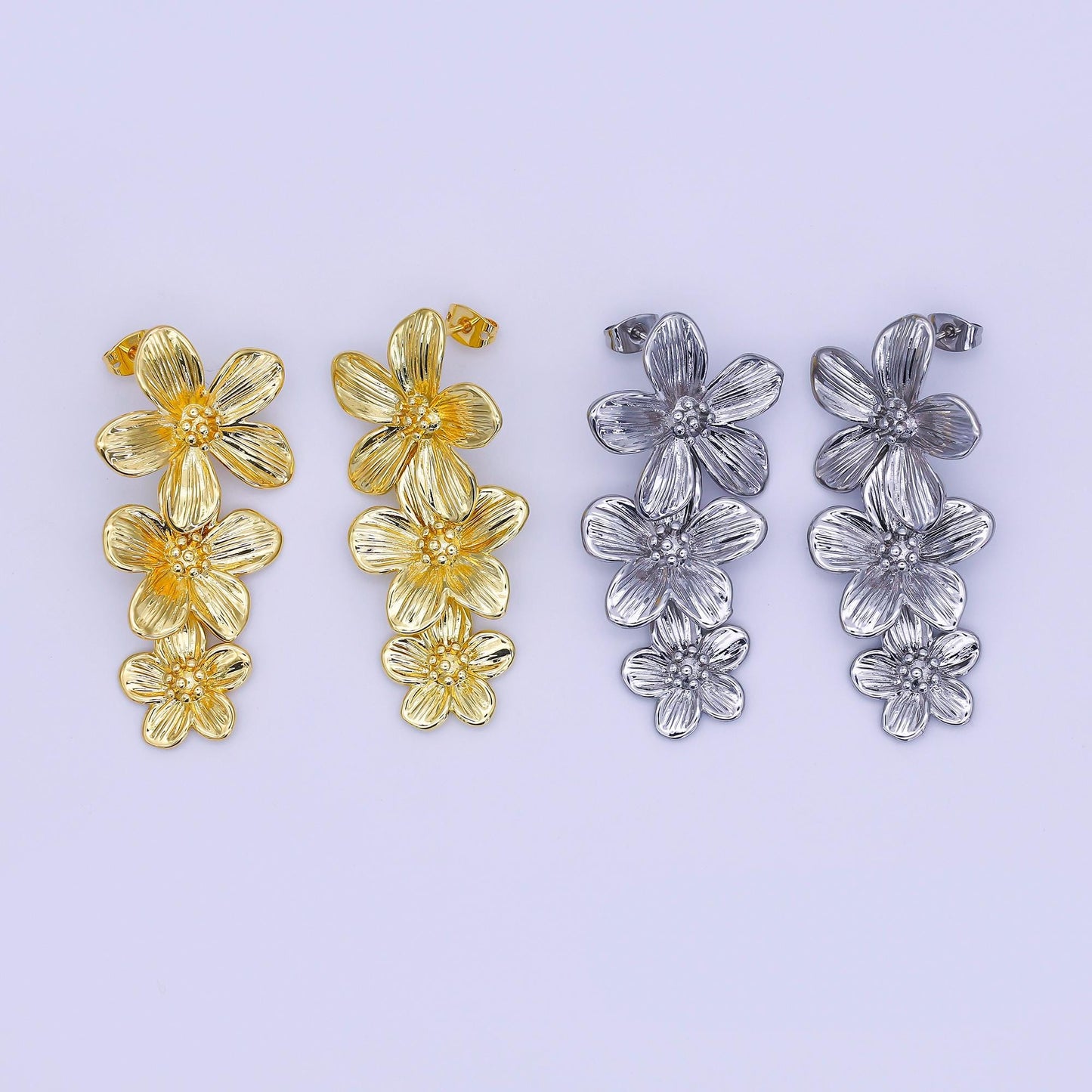 24K Gold Filled Triple Lined Flower Drop Stud Earrings in Gold & Silver | AE368 T175