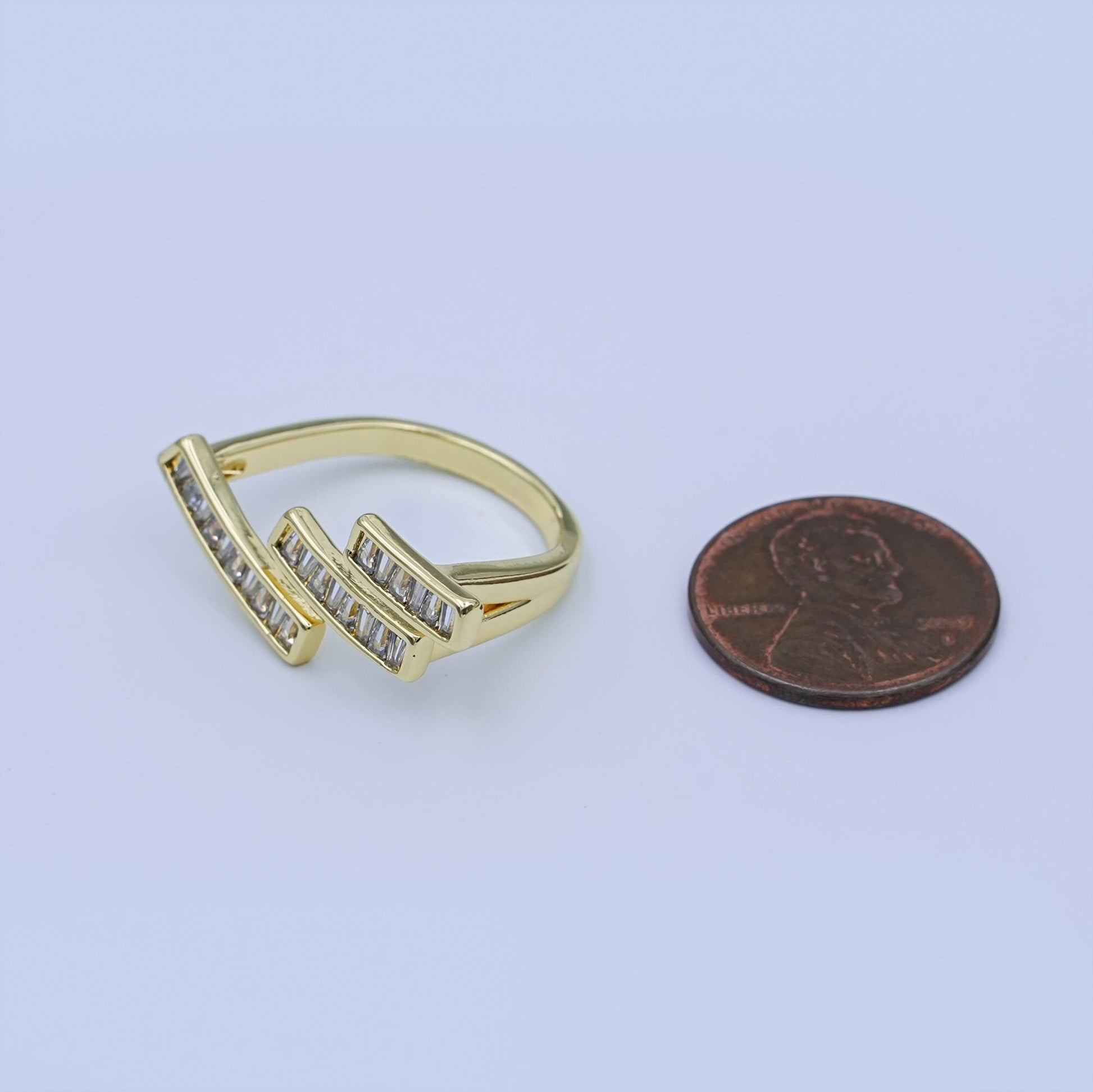 24K Gold Filled Clear Baguette CZ Triple Bar Ring | O1436