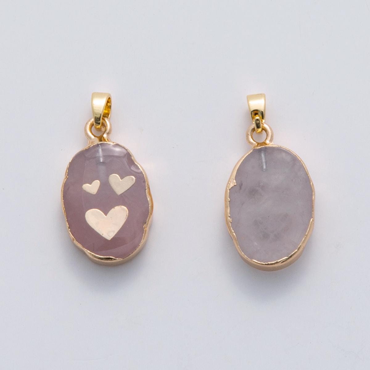Dainty Gold Heart Pendant Oval Charm Pink Quartz Stone Pet Charm in 18k Gold Filled AH-695