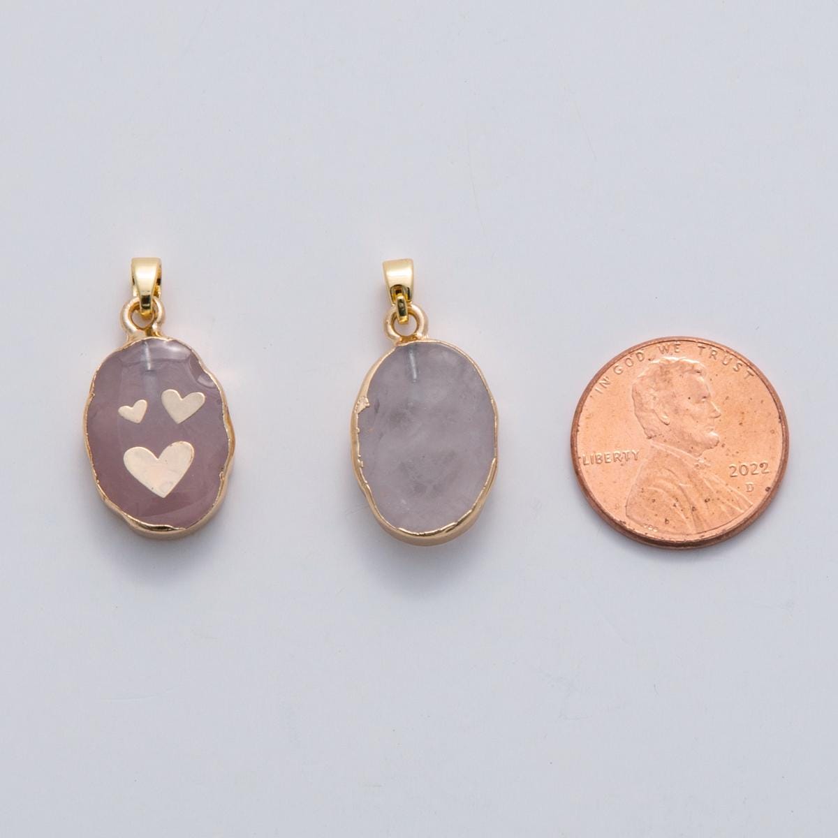 Dainty Gold Heart Pendant Oval Charm Pink Quartz Stone Pet Charm in 18k Gold Filled AH-695