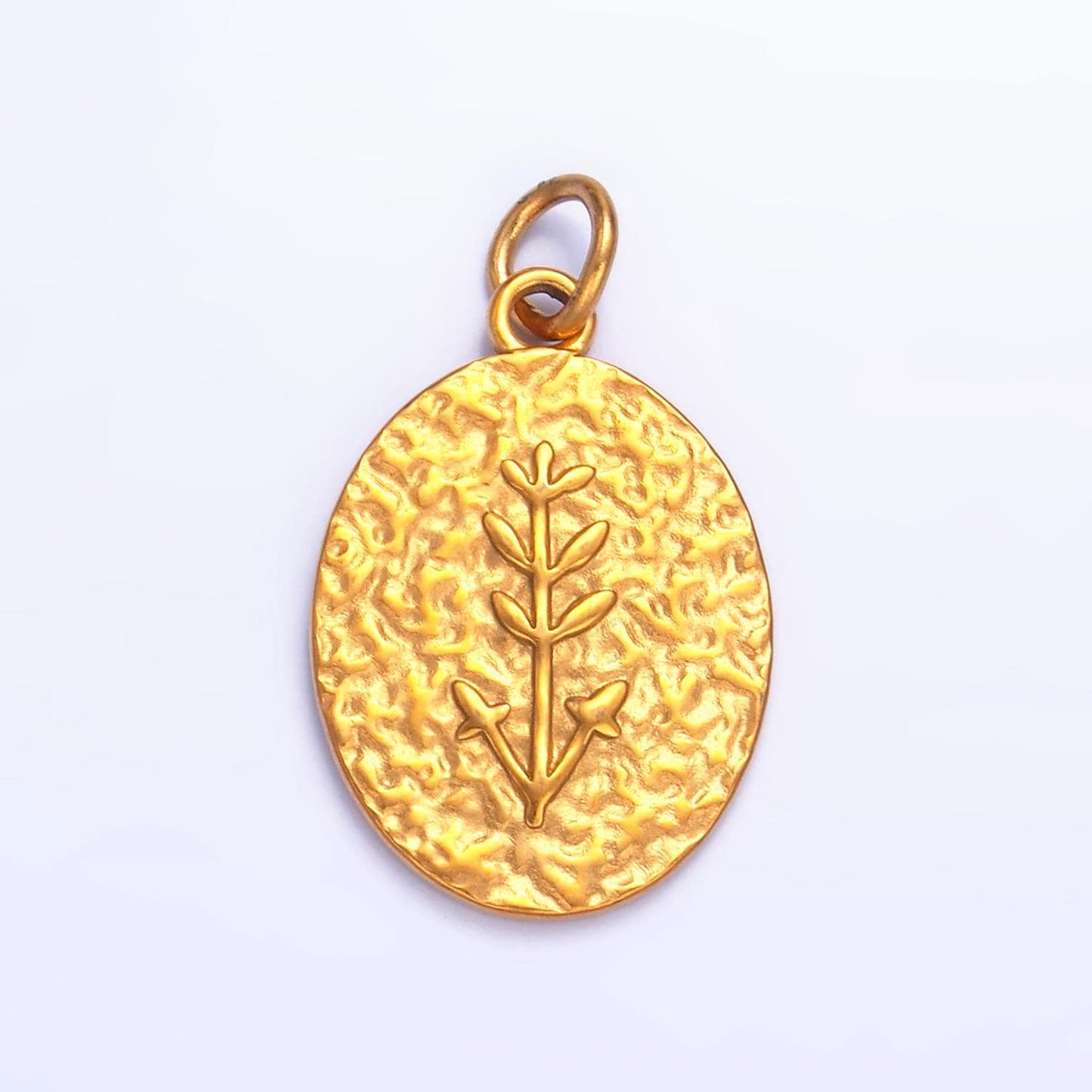 Stainless Steel Plant Tree Stamped Hammered Oval Charm | P627