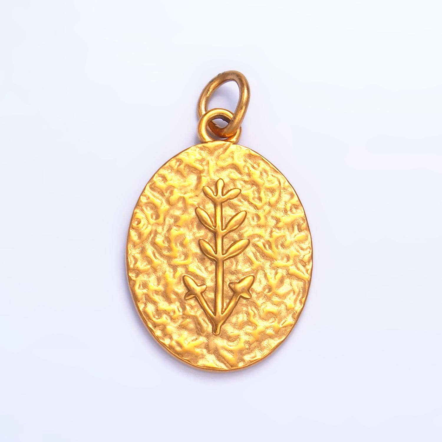 Stainless Steel Plant Tree Stamped Hammered Oval Charm | P627