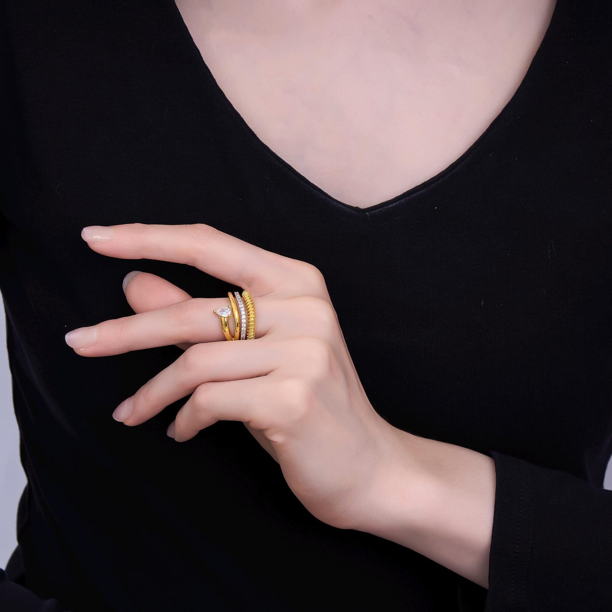 24K Gold Filled Teardrop CZ Micro Paved Ringed Multiple Band Ring | O1074