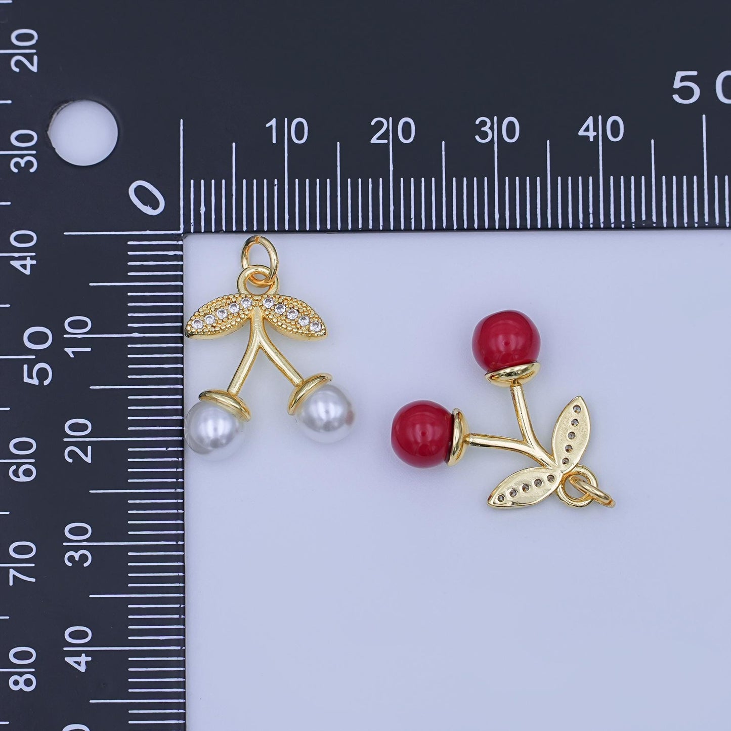 24K Gold Filled Red, White Cherry Micro Paved CZ Charm | X131