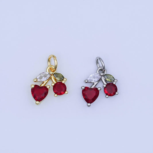 24K Gold Filled Red CZ Cherry Fruit Charm in Gold & Silver | W842
