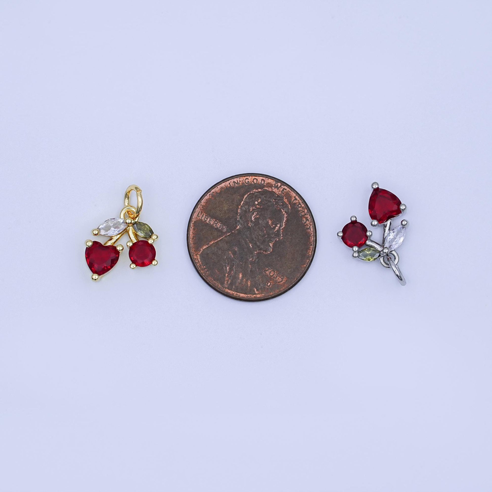 24K Gold Filled Red CZ Cherry Fruit Charm in Gold & Silver | W842