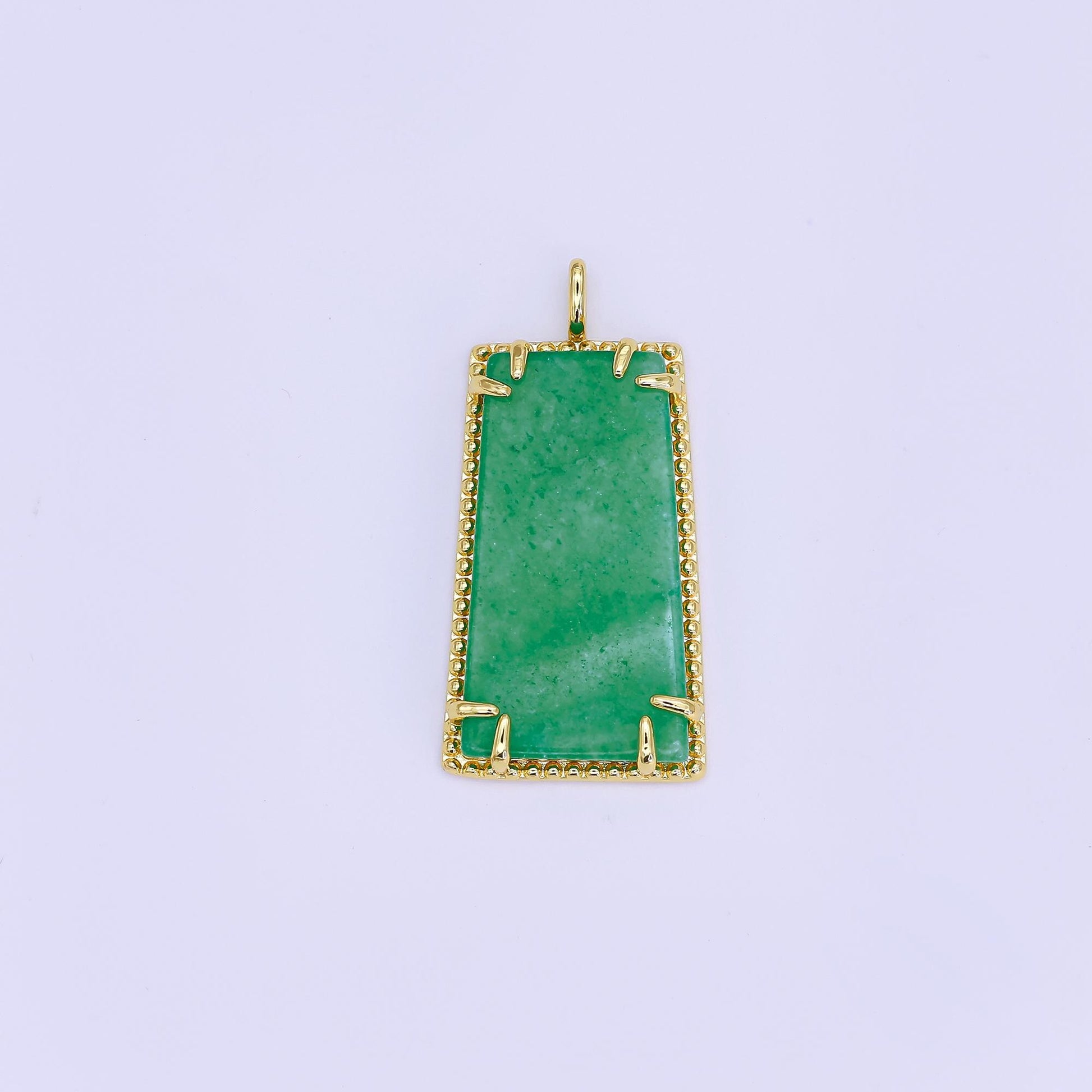 24K Gold Filled Green Jade Natural trapezoid Minimalist Drop Pendant with Beaded Bezel | AH-481
