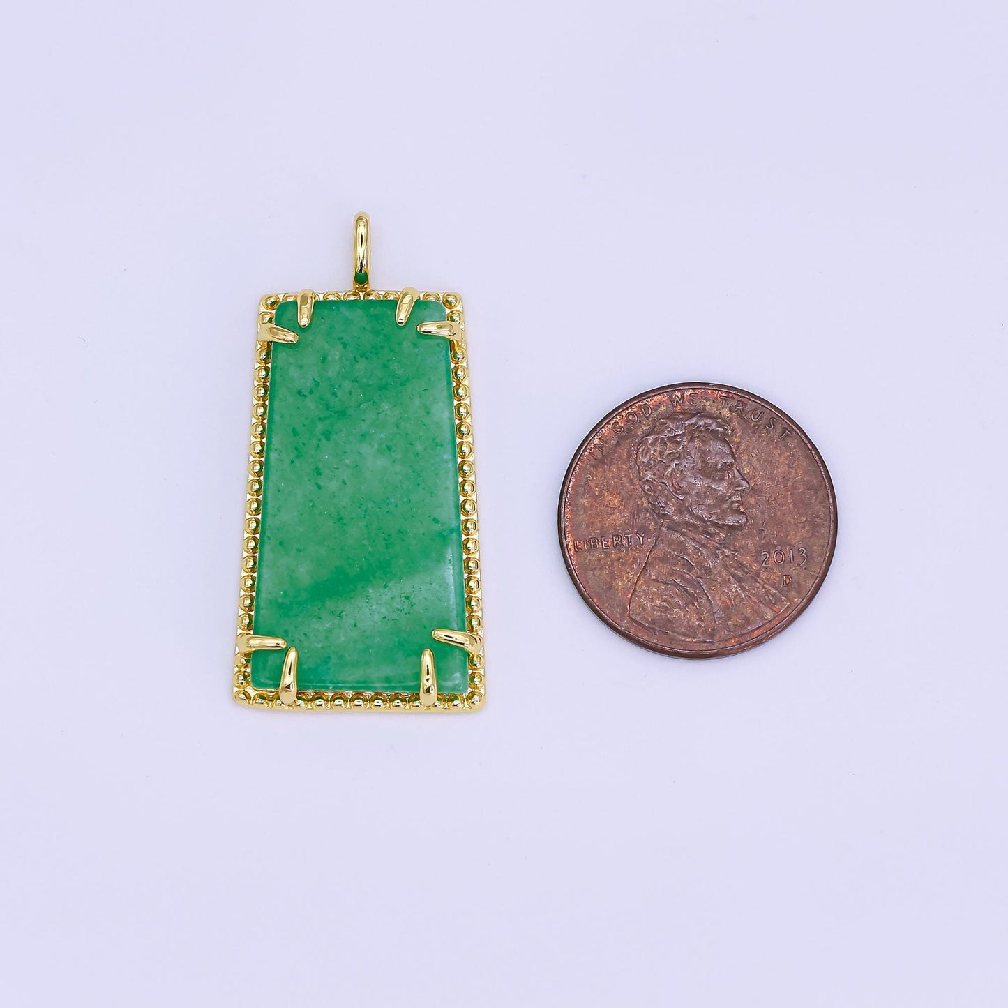 24K Gold Filled Green Jade Natural trapezoid Minimalist Drop Pendant with Beaded Bezel | AH-481