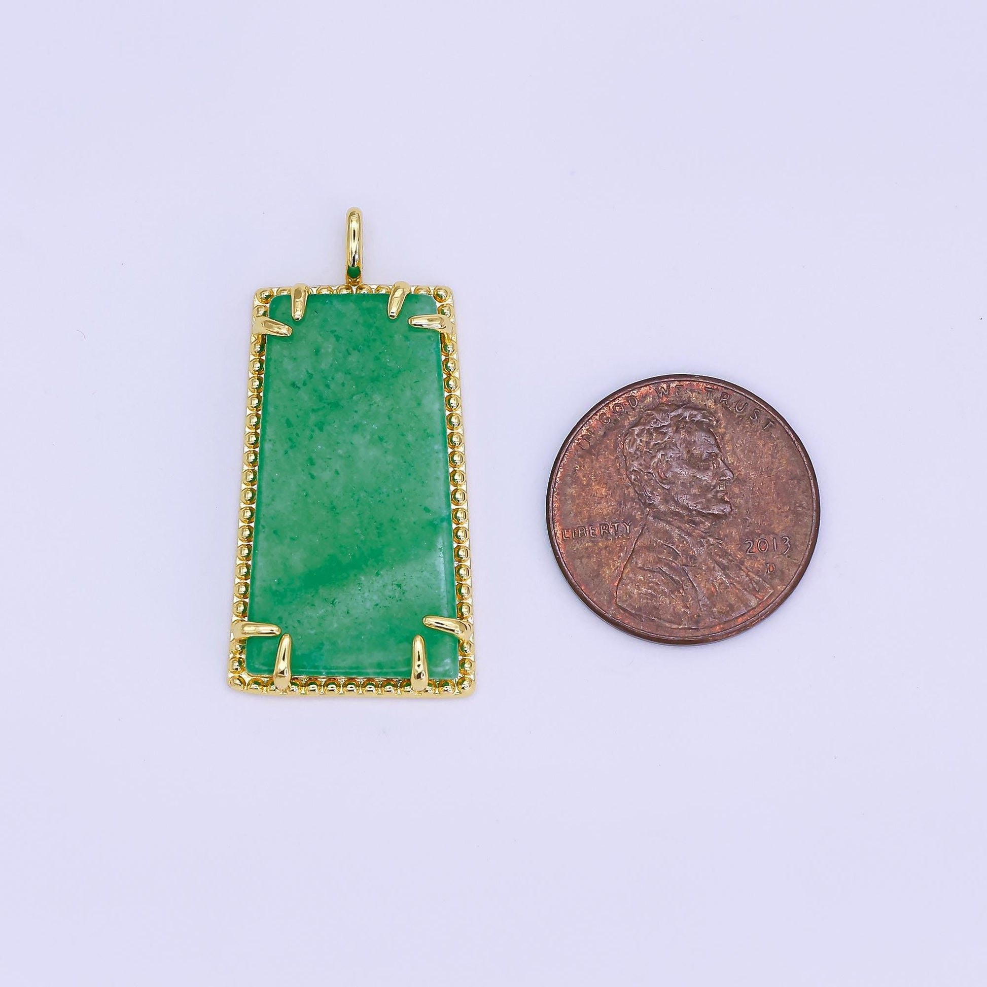 24K Gold Filled Green Jade Natural trapezoid Minimalist Drop Pendant with Beaded Bezel | AH-481