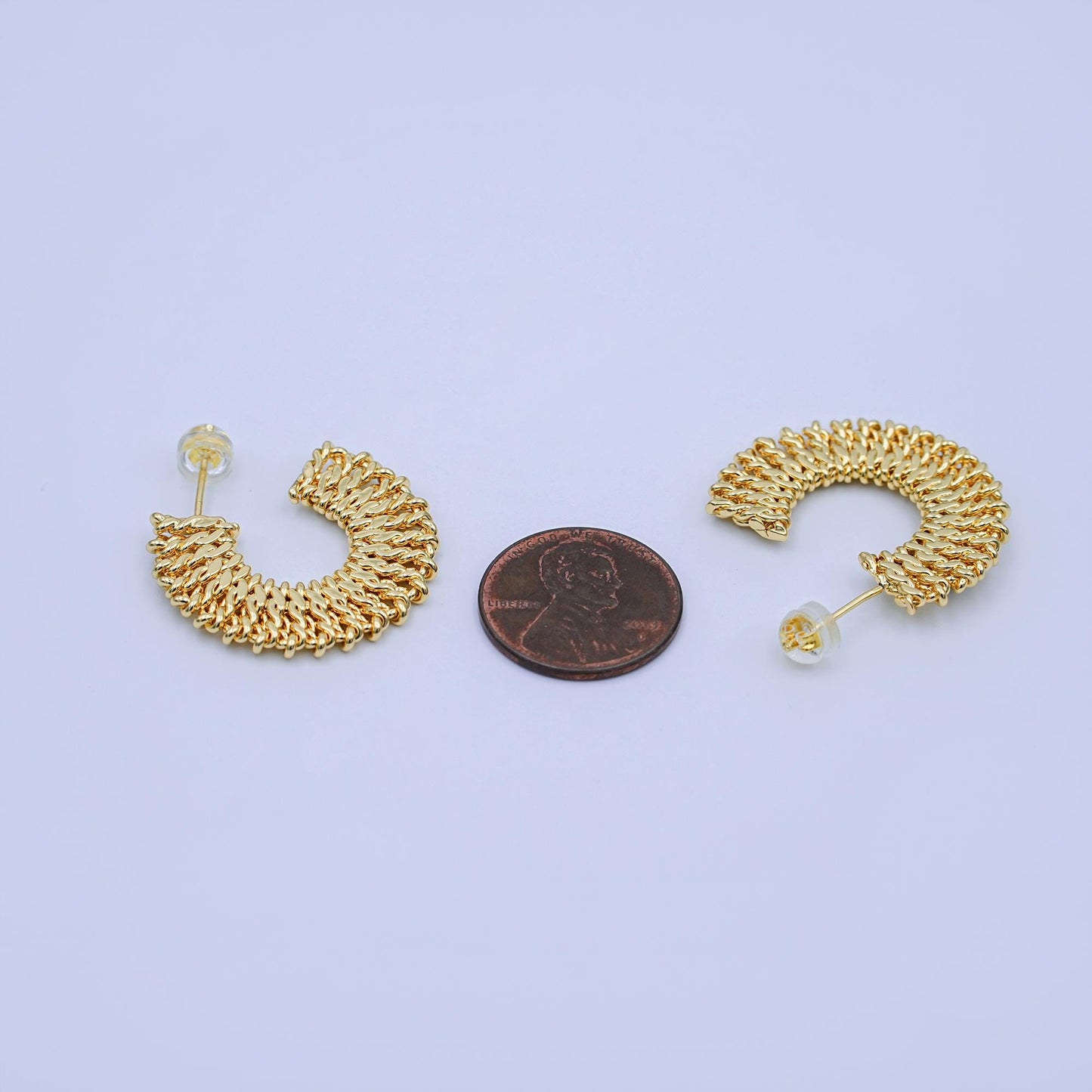 24K Gold Filled 28mm Flatted Twist Curb C-Shaped Hoop Earrings | T028