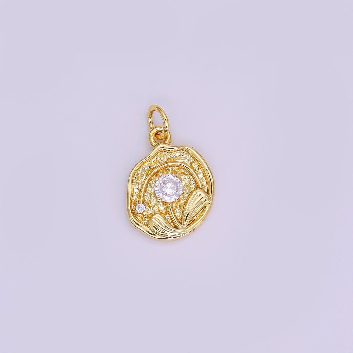 24K Gold Filled CZ Rose Flower Hammered Round Charm | AF423