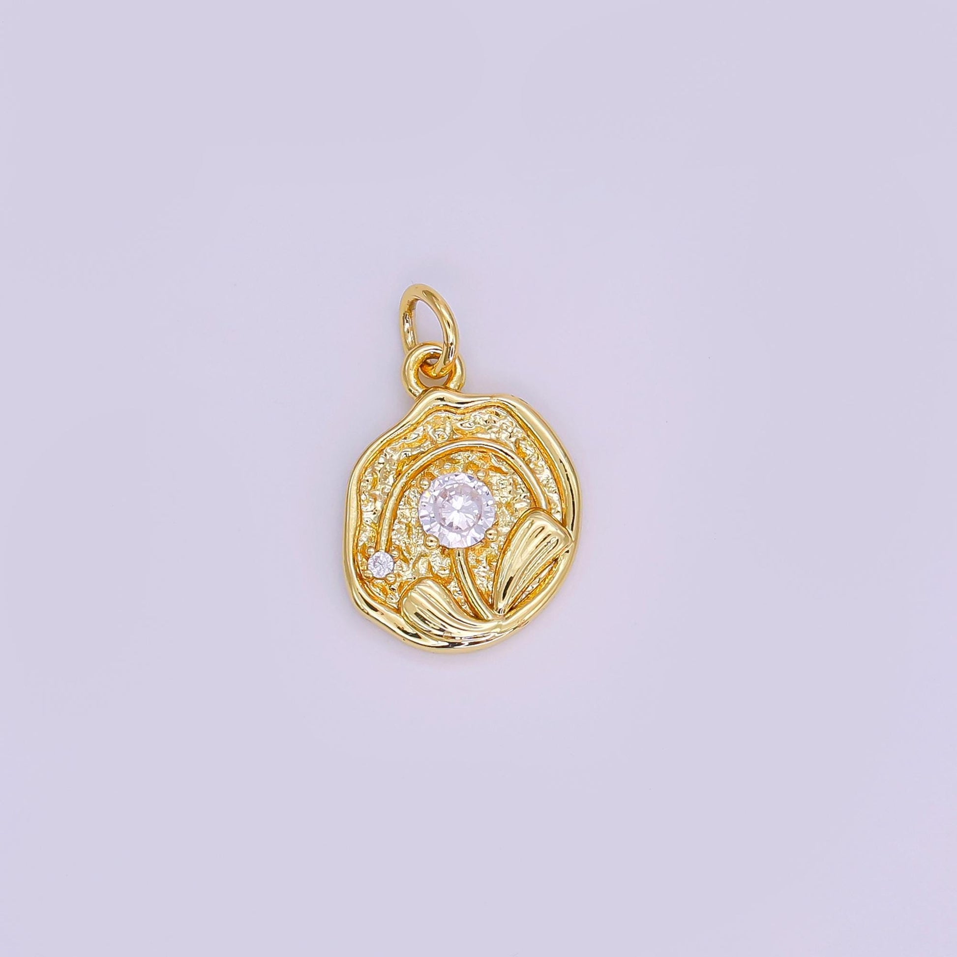 24K Gold Filled CZ Rose Flower Hammered Round Charm | AF423