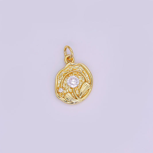 24K Gold Filled CZ Rose Flower Hammered Round Charm | AF423