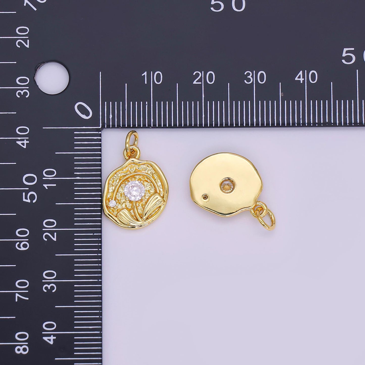 24K Gold Filled CZ Rose Flower Hammered Round Charm | AF423