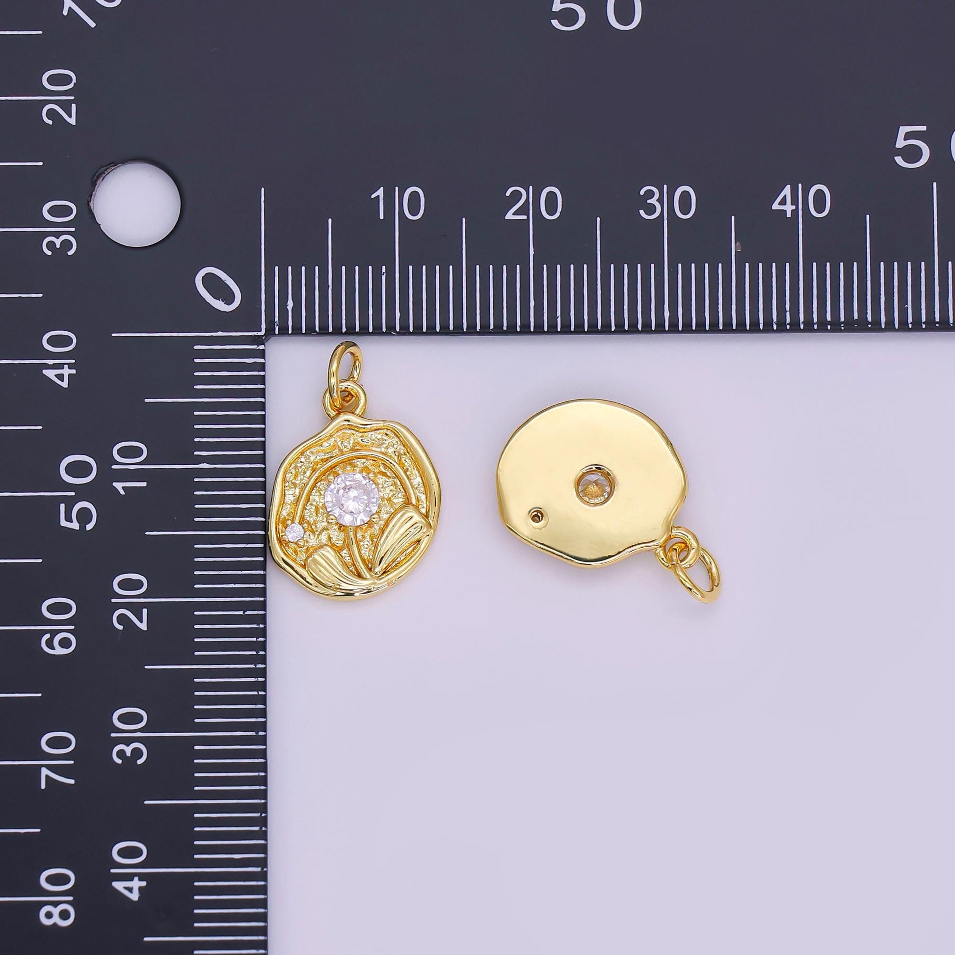 24K Gold Filled CZ Rose Flower Hammered Round Charm | AF423