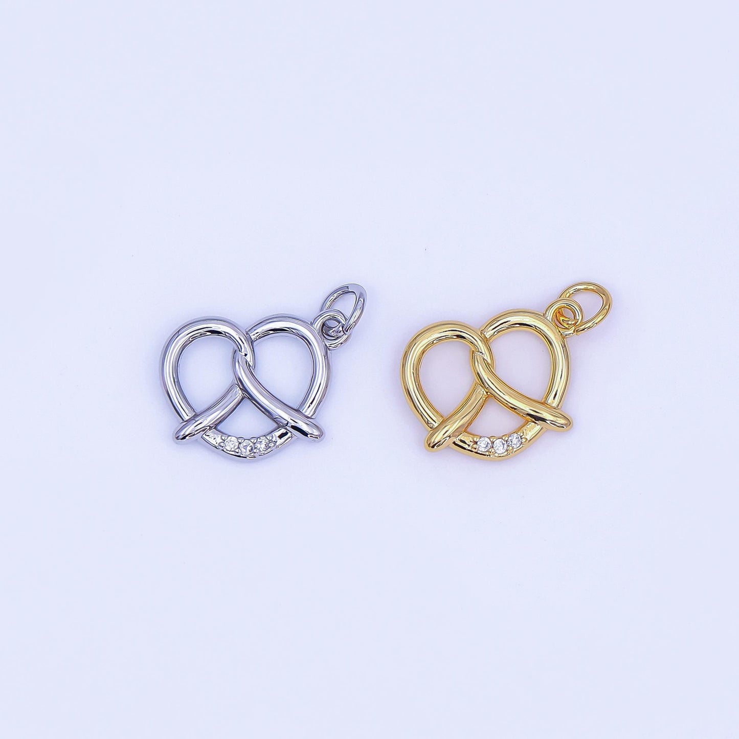 Minimalist Small 3D Pretzel Pastry 24K Gold Filled Food Charm with Clear CZ in Gold & Silver | AF491