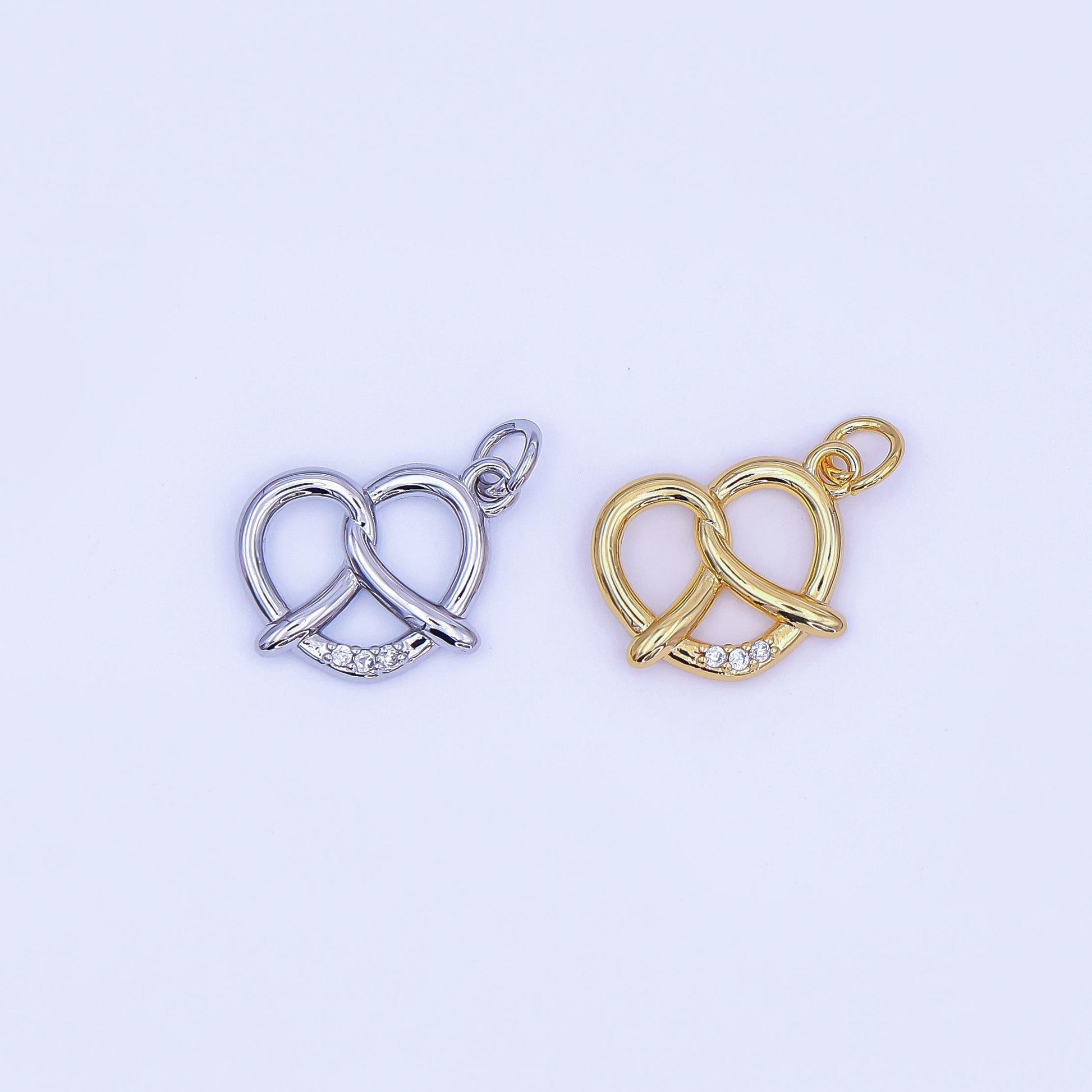 Minimalist Small 3D Pretzel Pastry 24K Gold Filled Food Charm with Clear CZ in Gold & Silver | AF491
