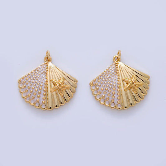 18K Gold Filled Dotted Lined Clam Sea Shell Starfish Charm | AF323