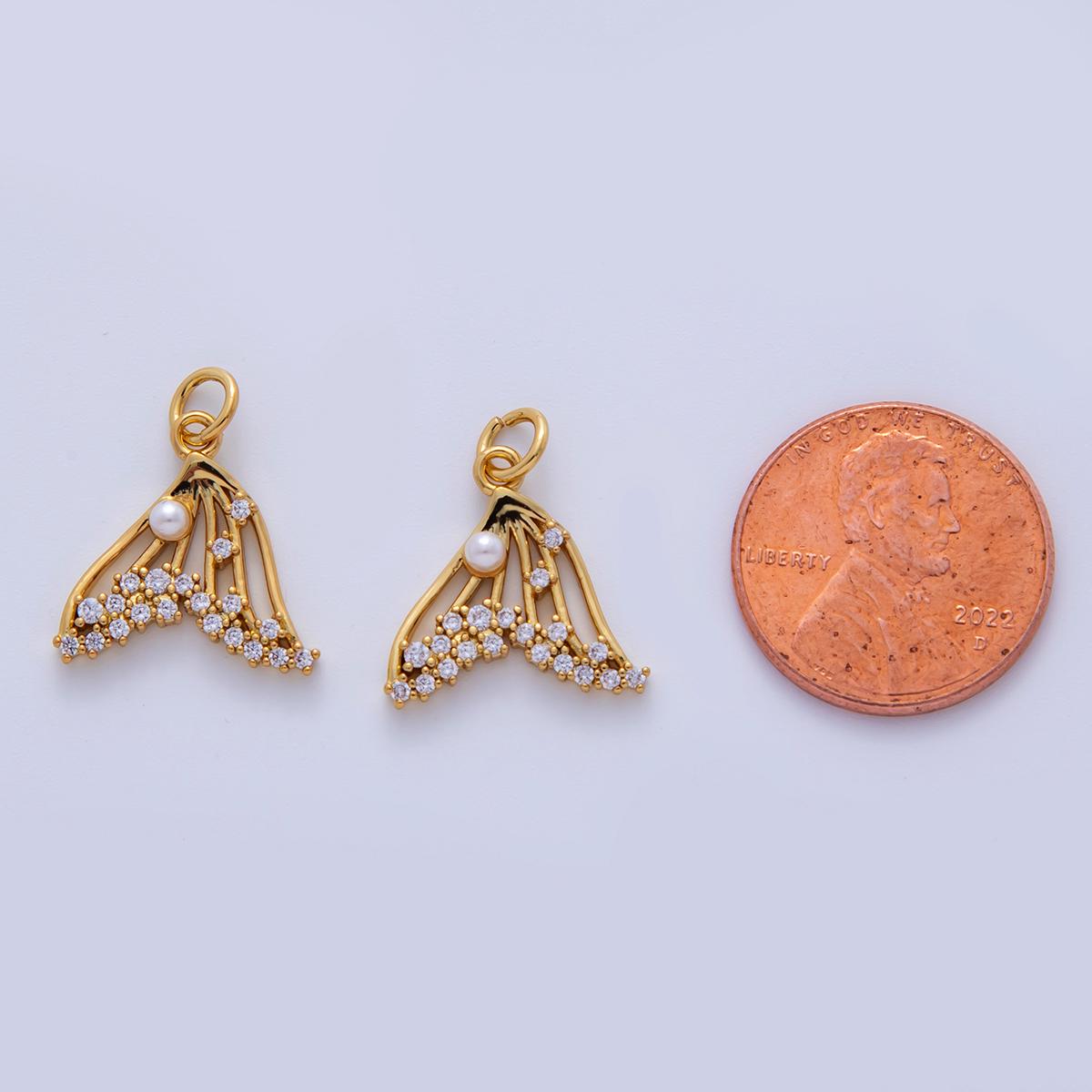 18K Gold Filled Micro Paved CZ Shell Pearl Whale Tail Charm | AF328