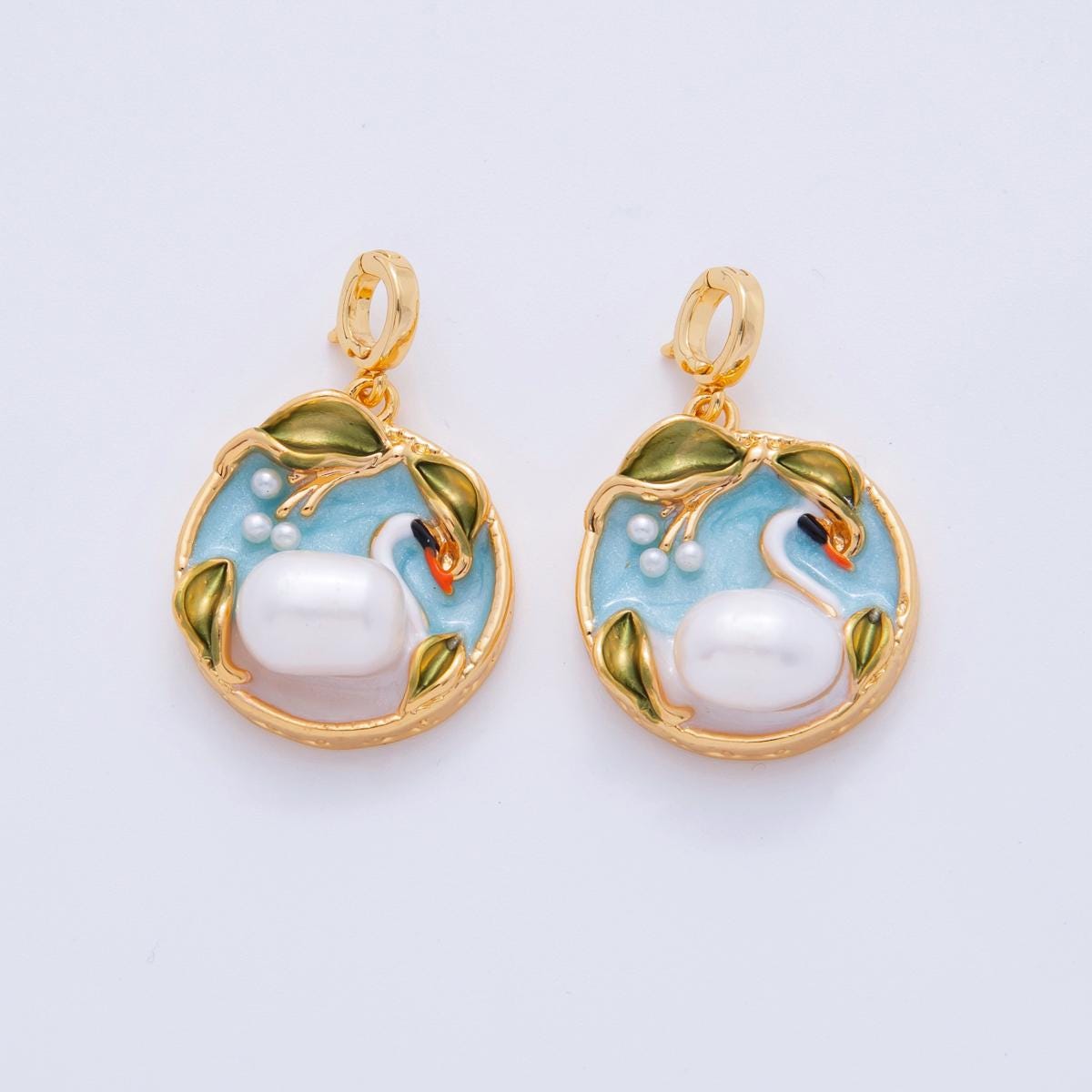 18K Gold Filled White Swan at Lake Pond Snap Bail Pendant | AH710