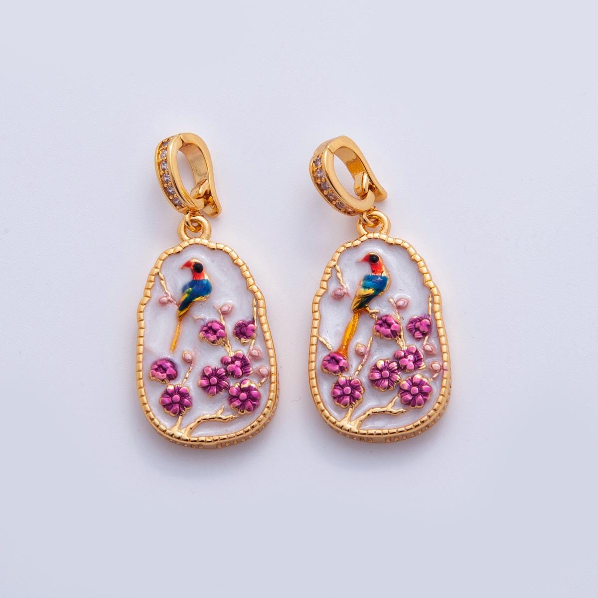 18K Gold Filled Peacock Flower Enamel Drop Micro Paved CZ Snap Bail Finding | AH705
