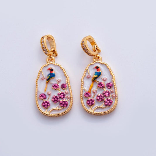 18K Gold Filled Peacock Flower Enamel Drop Micro Paved CZ Snap Bail Finding | AH705