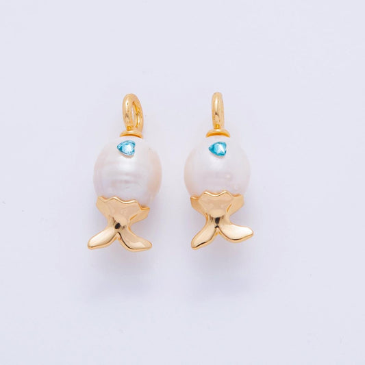 18K Gold Filled Blue CZ White Shell Pearl Fish Drop Pendant | AJ307