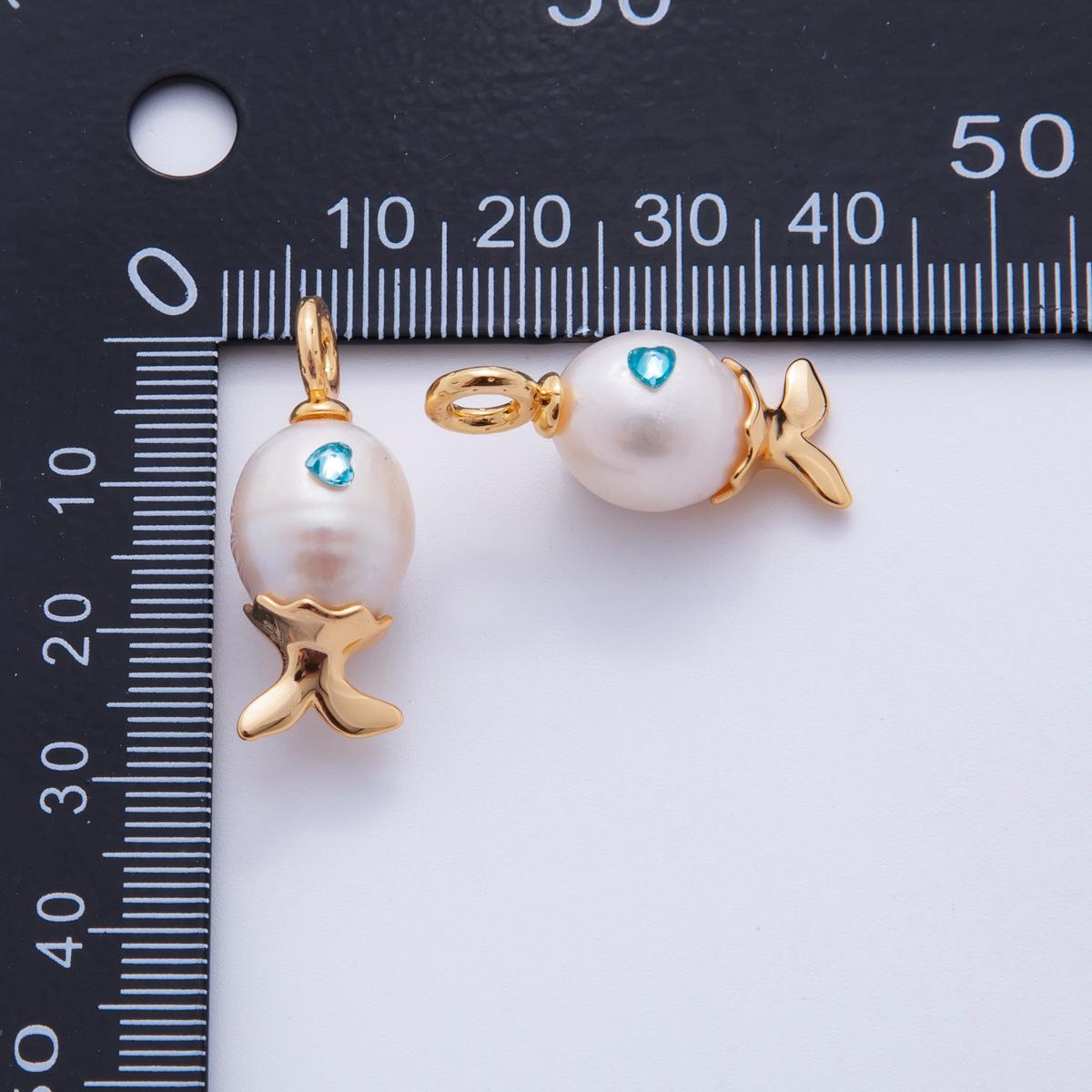 18K Gold Filled Blue CZ White Shell Pearl Fish Drop Pendant | AJ307