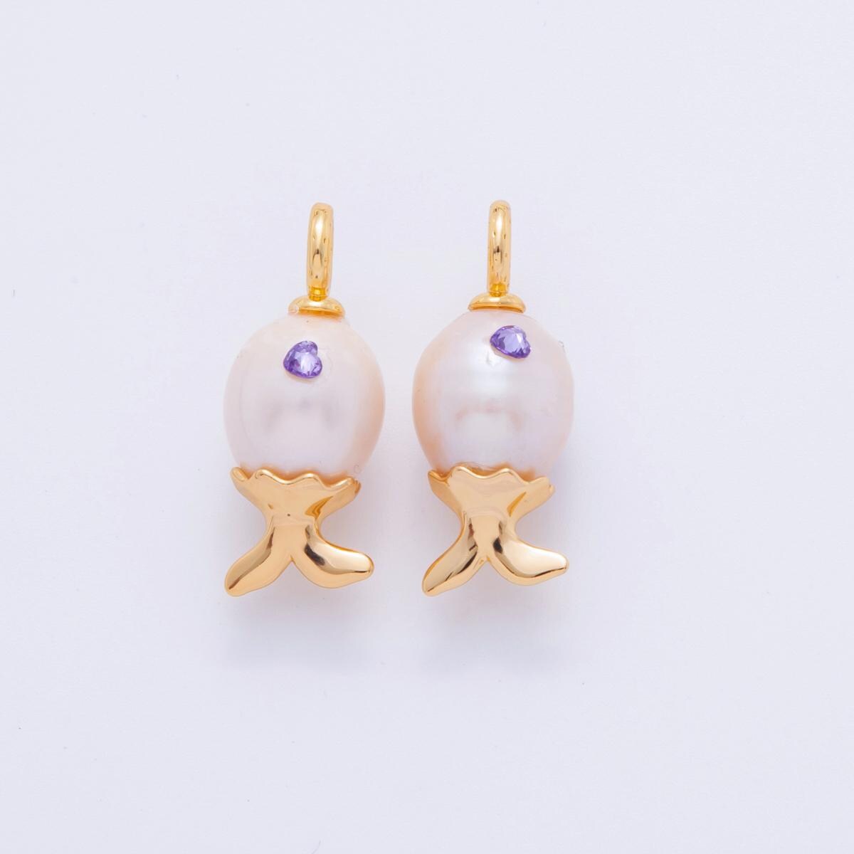 18K Gold Filled Purple CZ White Shell Pearl Fish Drop Pendant | AJ308