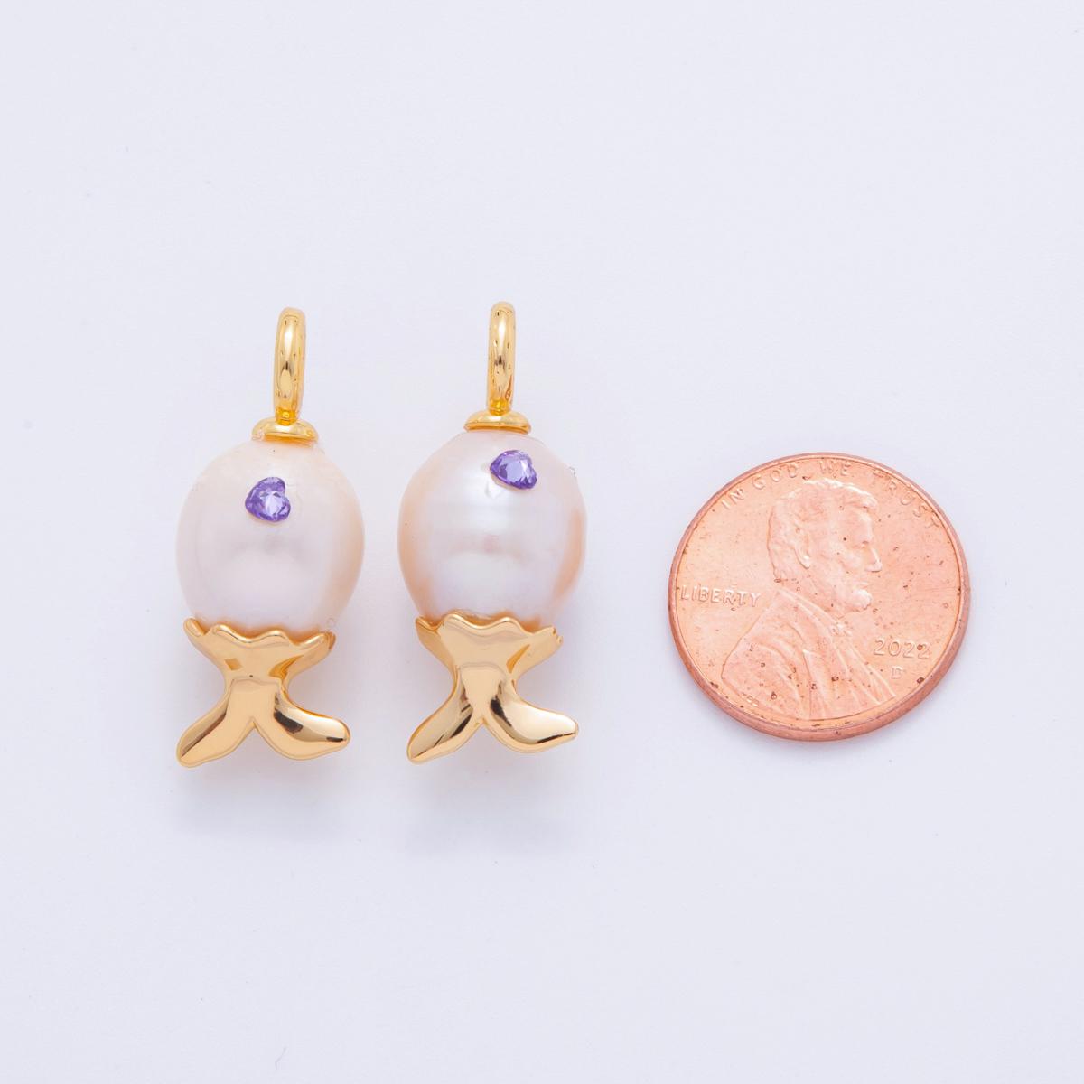 18K Gold Filled Purple CZ White Shell Pearl Fish Drop Pendant | AJ308