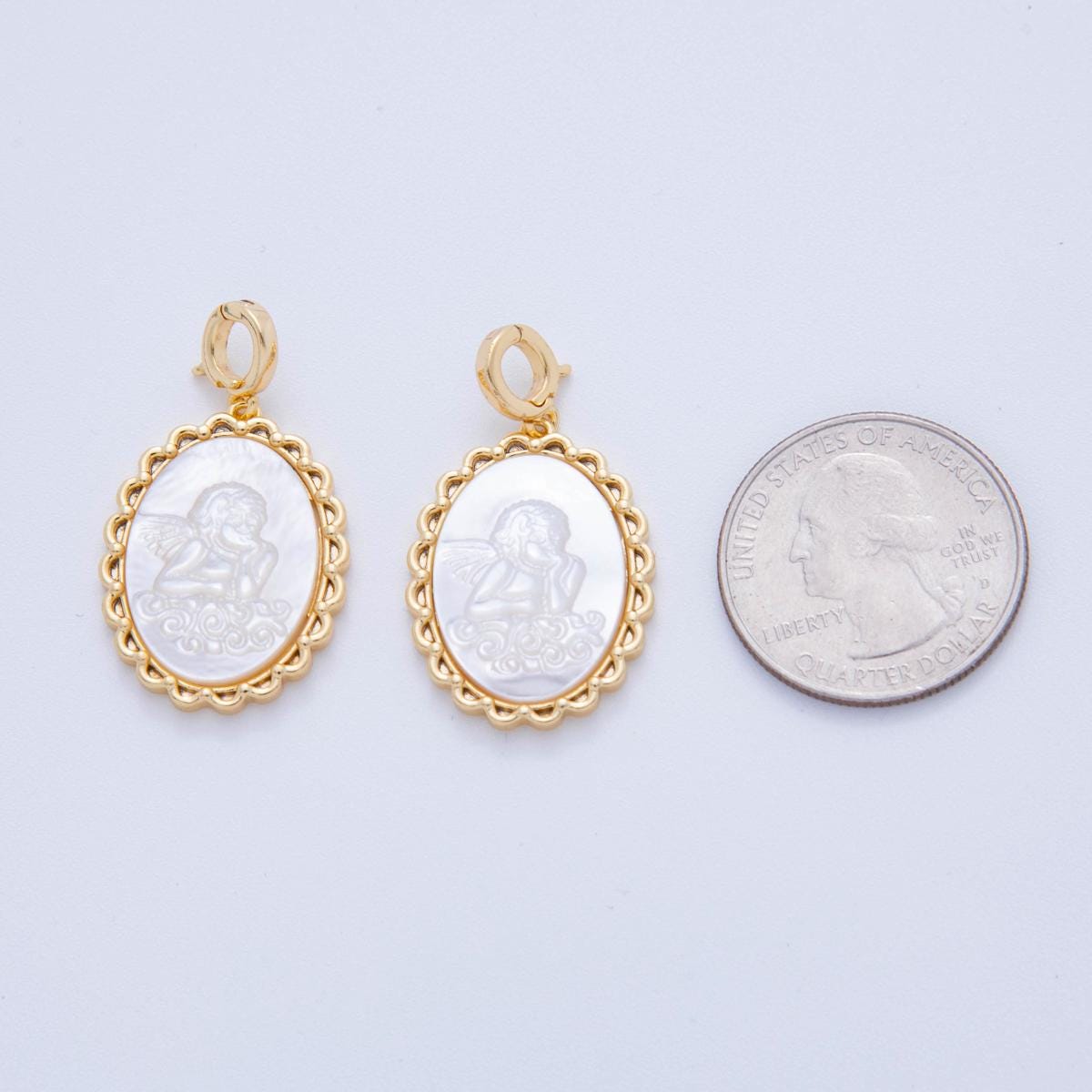 18K Gold Filled Women Lady Face Portrait Cameo Natural Abalone Pearl Bezel Angel Oval Charm | AH-781