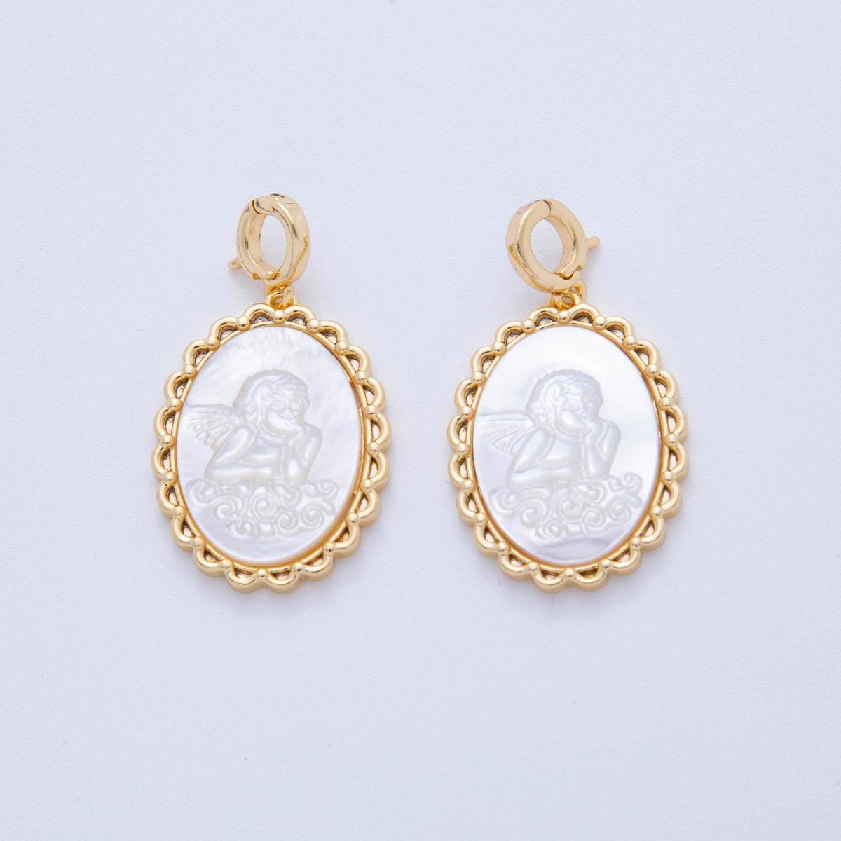 18K Gold Filled Women Lady Face Portrait Cameo Natural Abalone Pearl Bezel Angel Oval Charm | AH-781