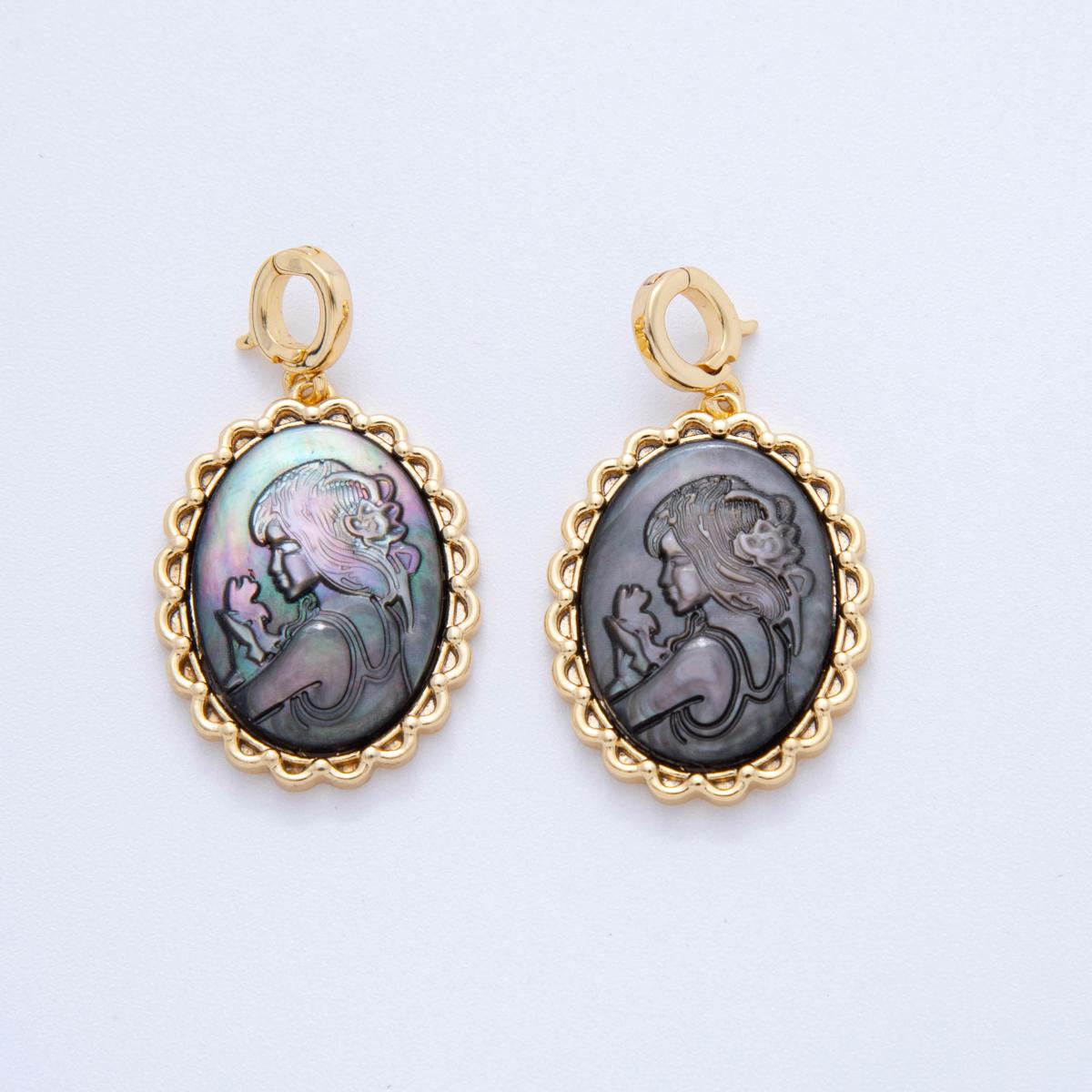 18K Gold Filled Women Lady Face Portrait Cameo Natural Abalone Pearl Bezel Angel Oval Charm | AH-781