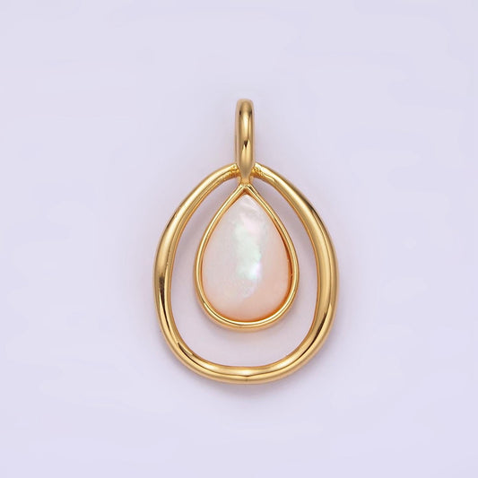 14K Gold Filled Shell Pearl Teardrop Double Bezel Open Pendant | N-1804