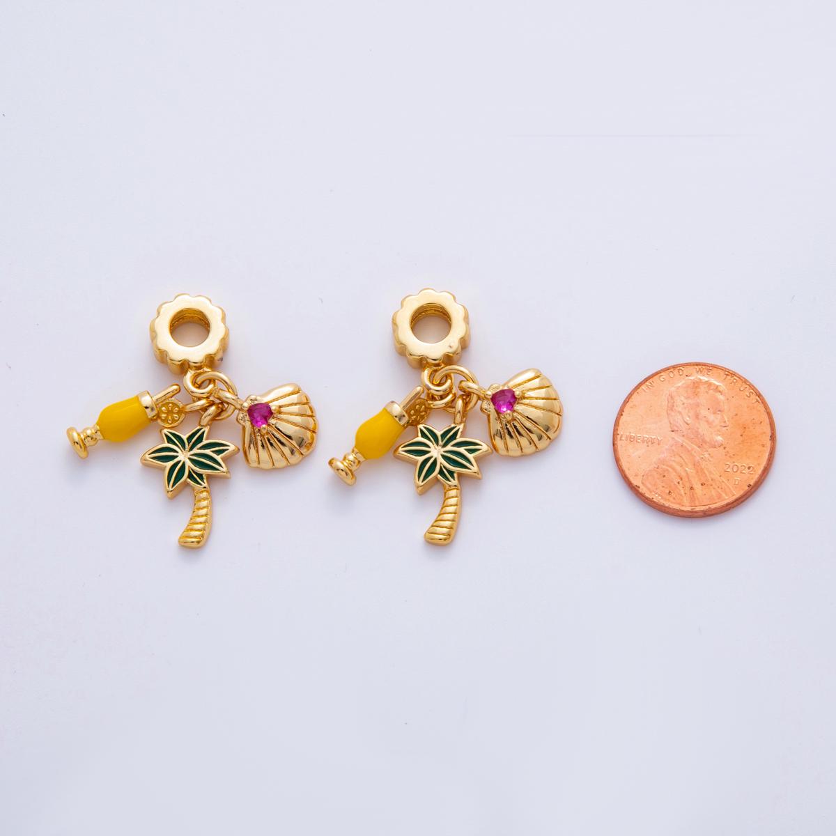 18K gold filled Palm Tree, Pinnacol Lada Shell Charm Summer Beach Vacation theme rondelle bail Charm drop pendant | M814